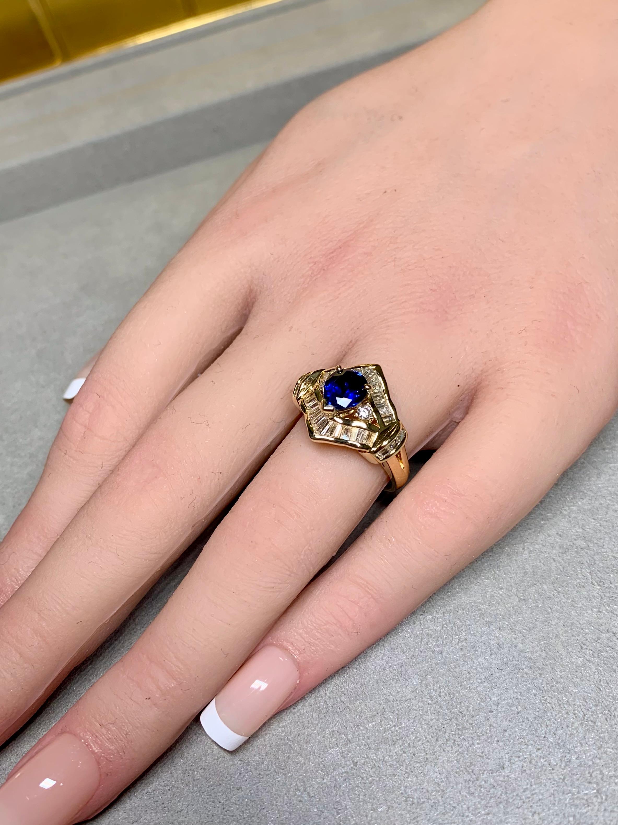 Estate 18K Pear Sapphire Baguette Round Diamond Cocktail Ring 3.21ctw Sz 7.25 For Sale 3