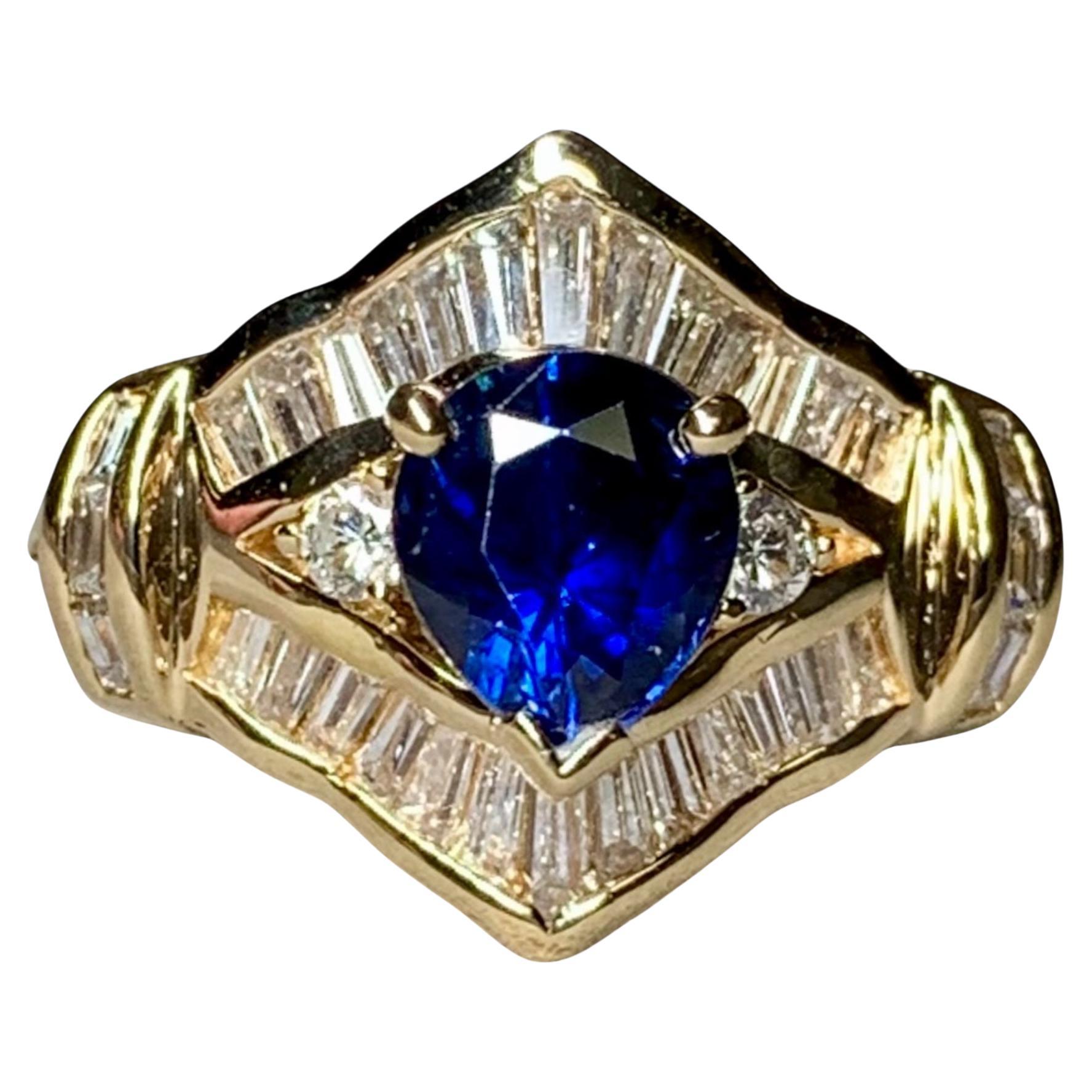 Anello da cocktail con zaffiro a pera Baguette e diamanti rotondi 3,21ctw Sz 7.25