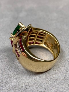 Estate 18K Pear Shape Emerald & Ruby Baguette Diamond Cocktail Ring 6.20ctw
