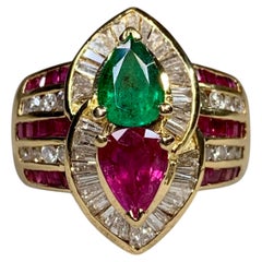 Estate 18K Pear Shape Emerald & Ruby Baguette Diamond Cocktail Ring 6.20ctw