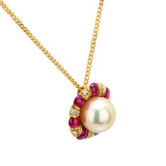 Estate 18k Pearl, Ruby, and Diamond Pendant Necklace