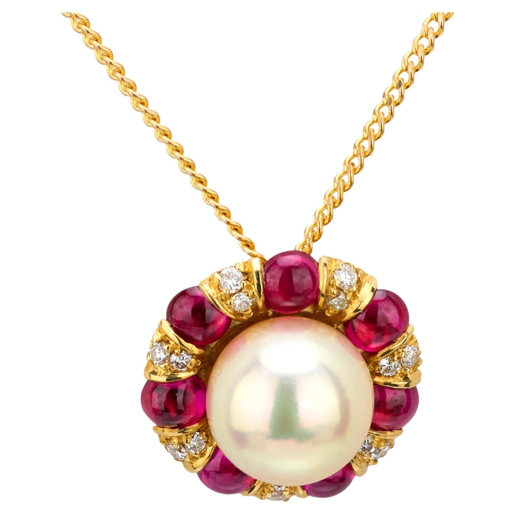 Collar de perlas, rubíes y diamantes Estate 18k