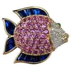 Estate 18K Pink & Blue Sapphire Emerald Diamond Finely Made Fish Pin  Pendant