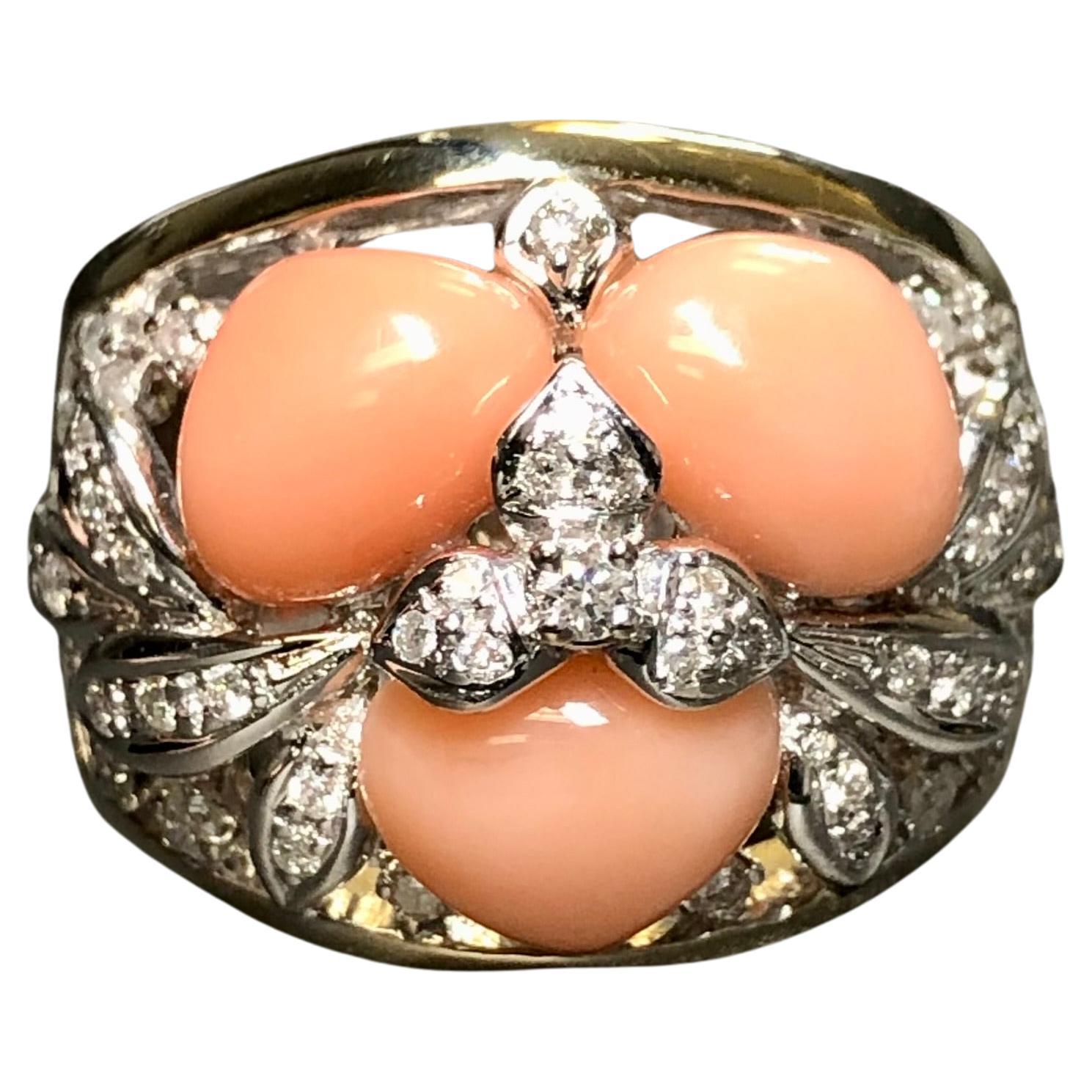 Estate 18K Pink Coral Cabochon Floral Wide Diamond Ring Band Sz 7.75 For Sale
