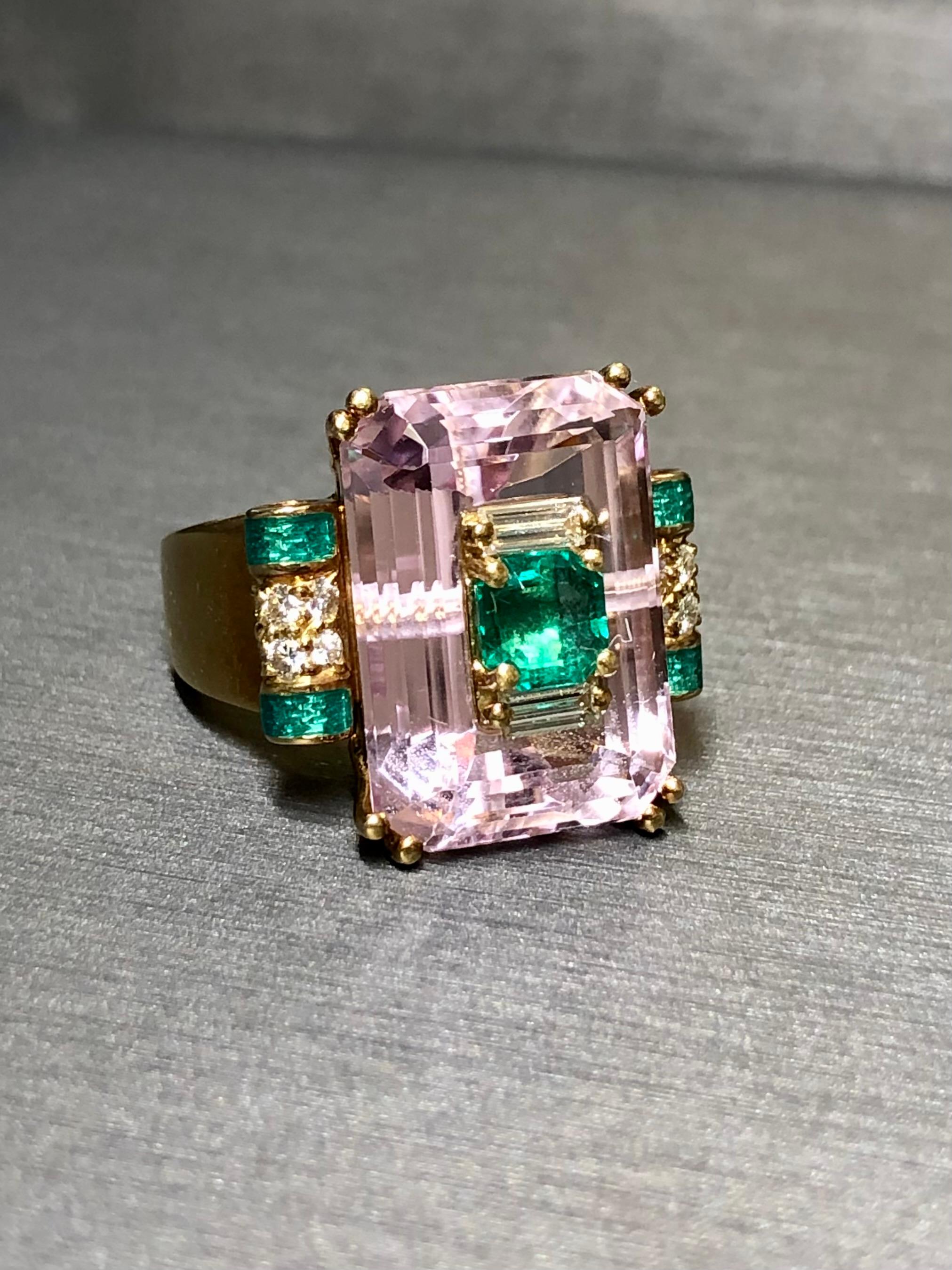 Estate 18K Pink Kunzite Emerald Diamond Green Enamel Inlay Cocktail Ring Sz7 For Sale 4