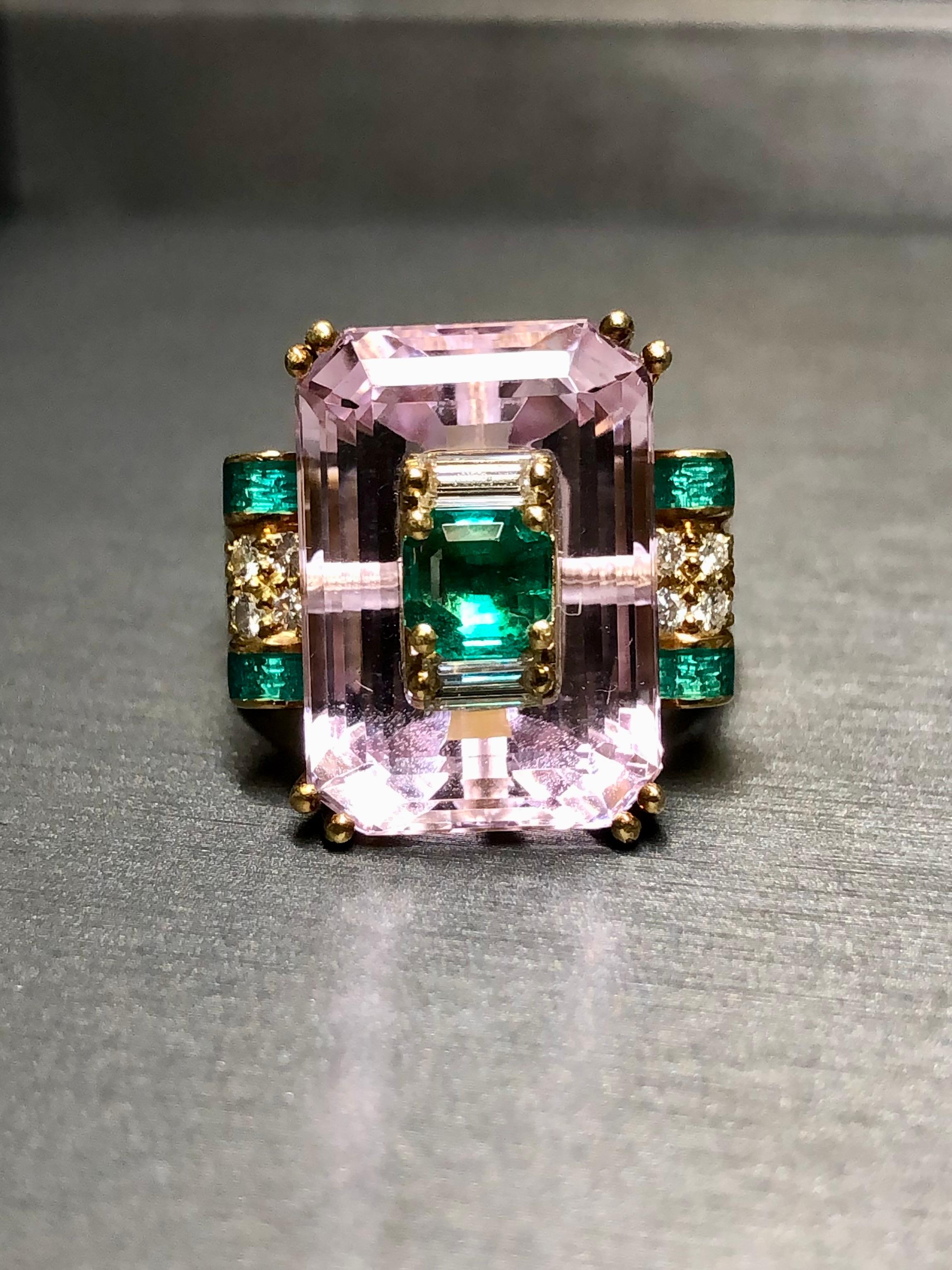 Estate 18K Pink Kunzite Emerald Diamond Green Enamel Inlay Cocktail Ring Sz7 For Sale 5
