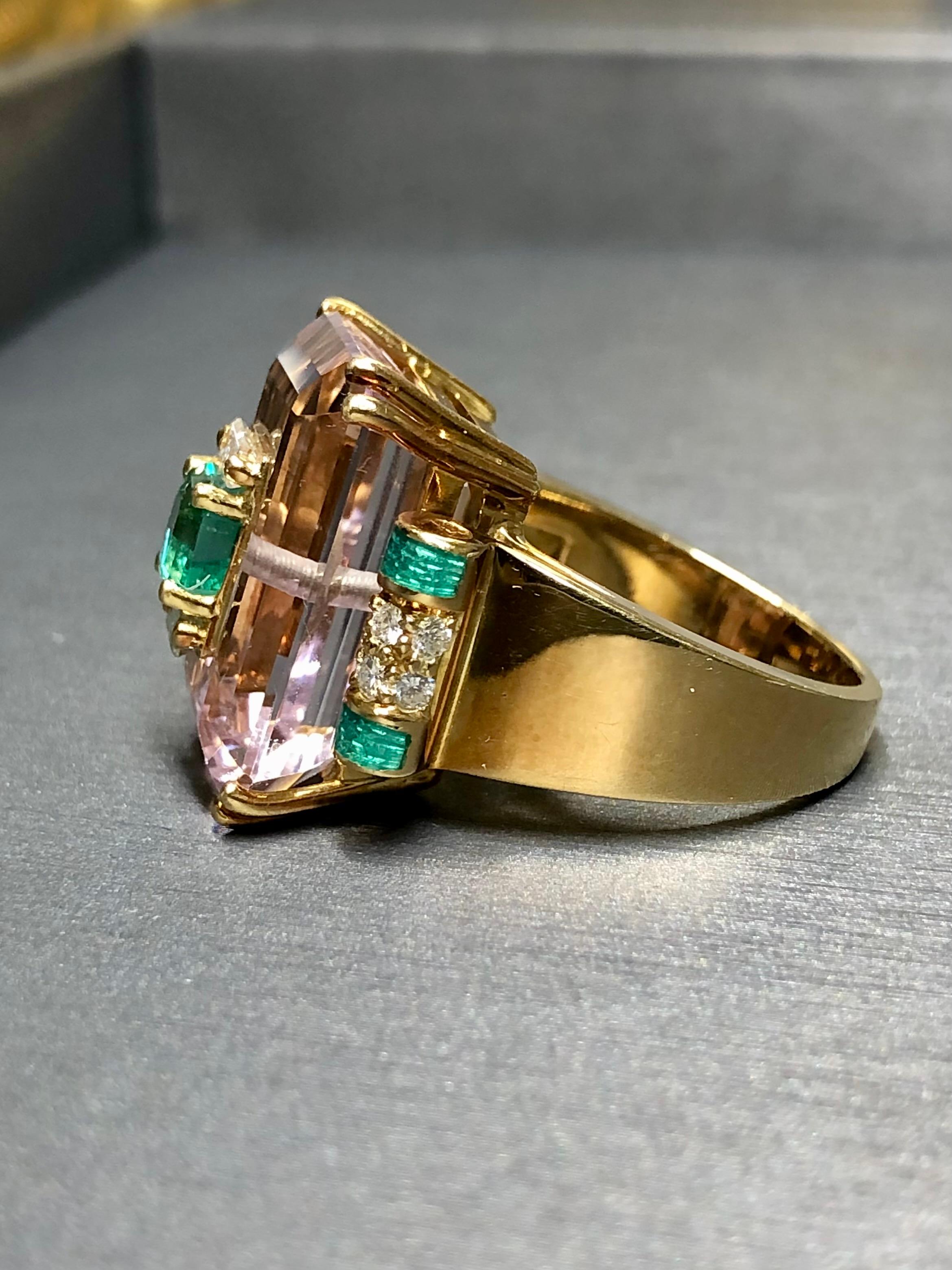 Estate 18K Pink Kunzite Emerald Diamond Green Enamel Inlay Cocktail Ring Sz7 For Sale 6