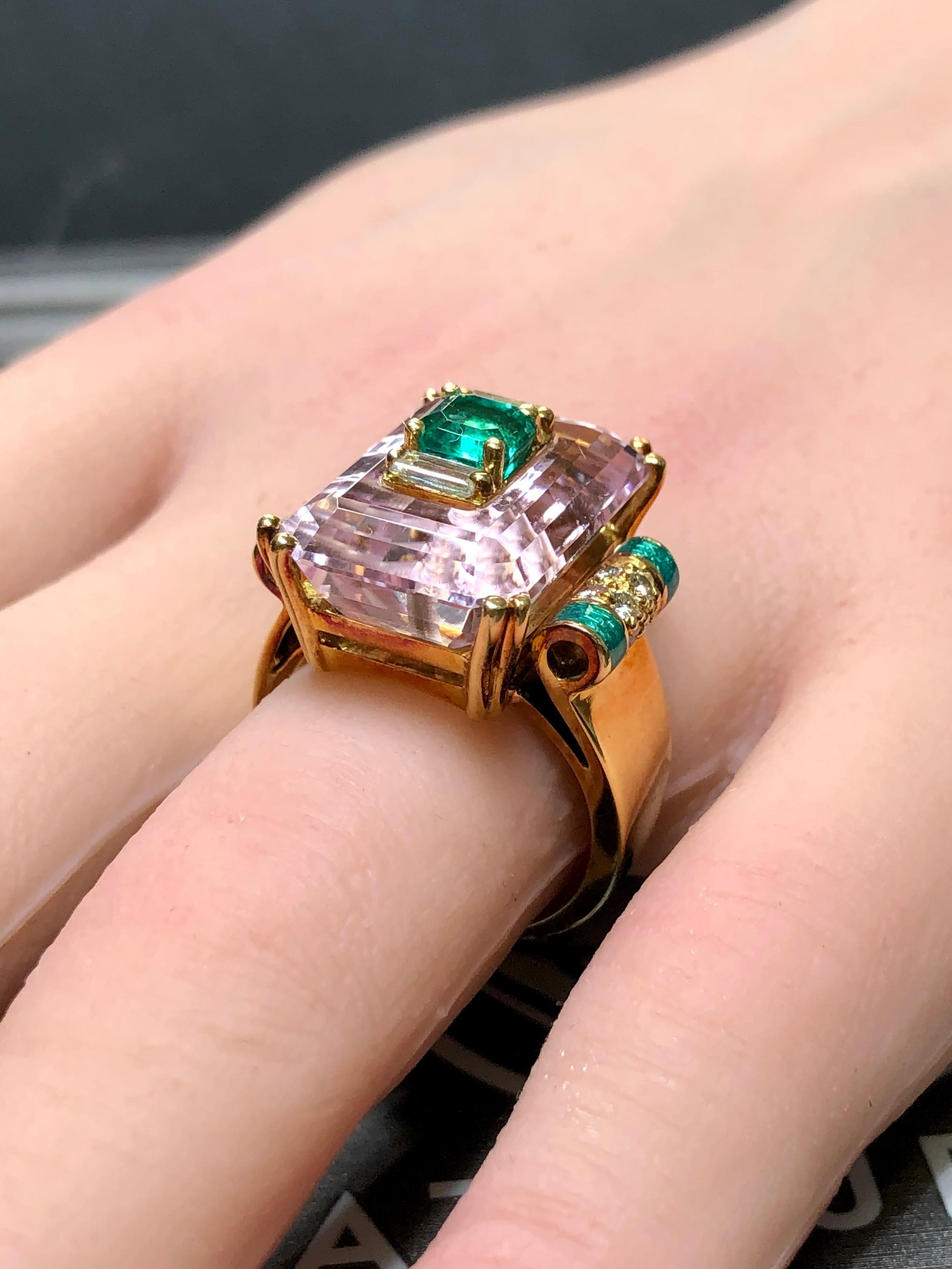 Estate 18K Pink Kunzite Emerald Diamond Green Enamel Inlay Cocktail Ring Sz7 For Sale 10