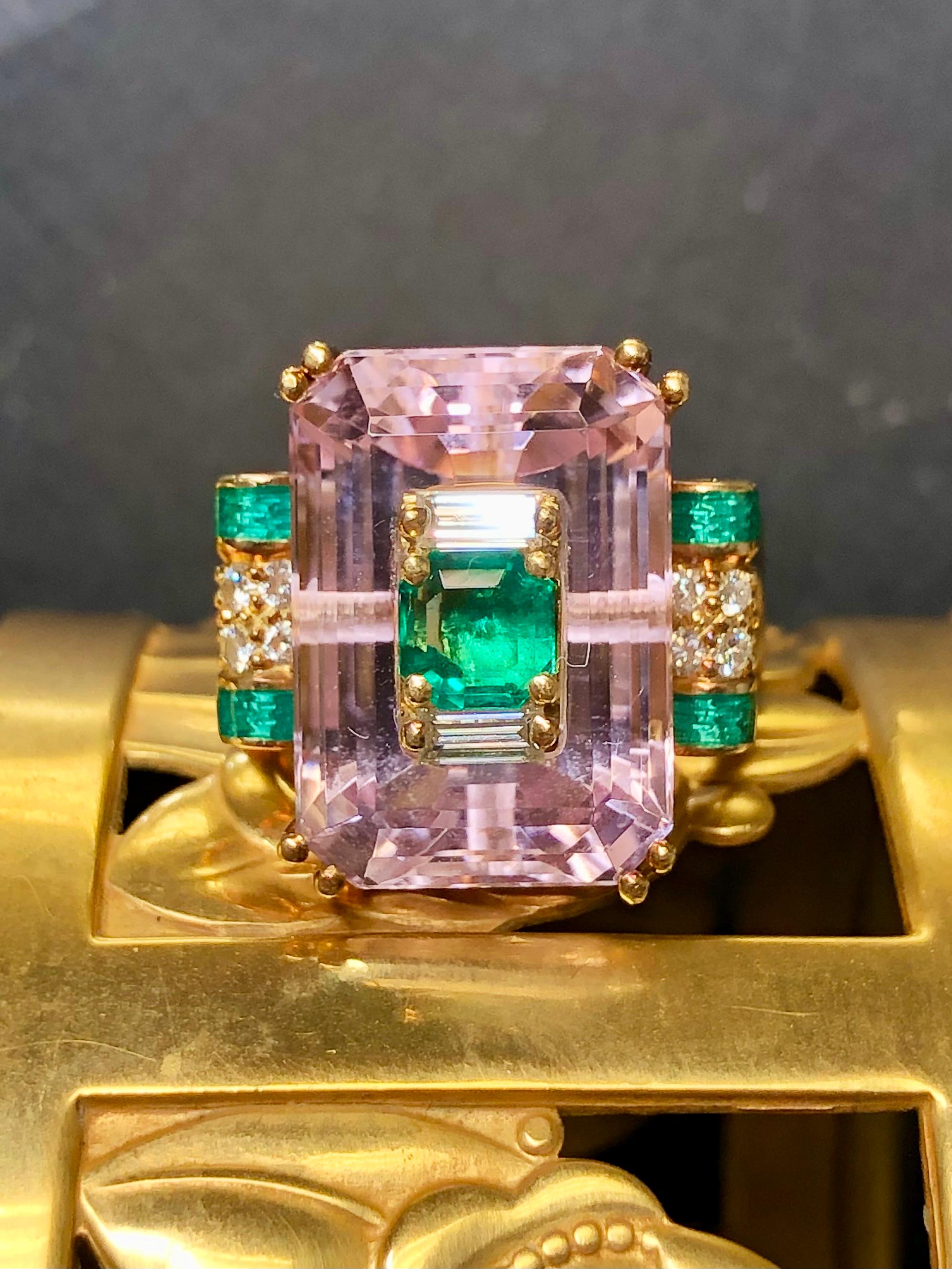 This ring is simply one of a kind and just FABULOUS… it had to have been a privately commissioned piece! It has been hand crafted in 18K yellow gold and prong set with an approximately 15.50ct natural kunzite which has been topped with a .65ct