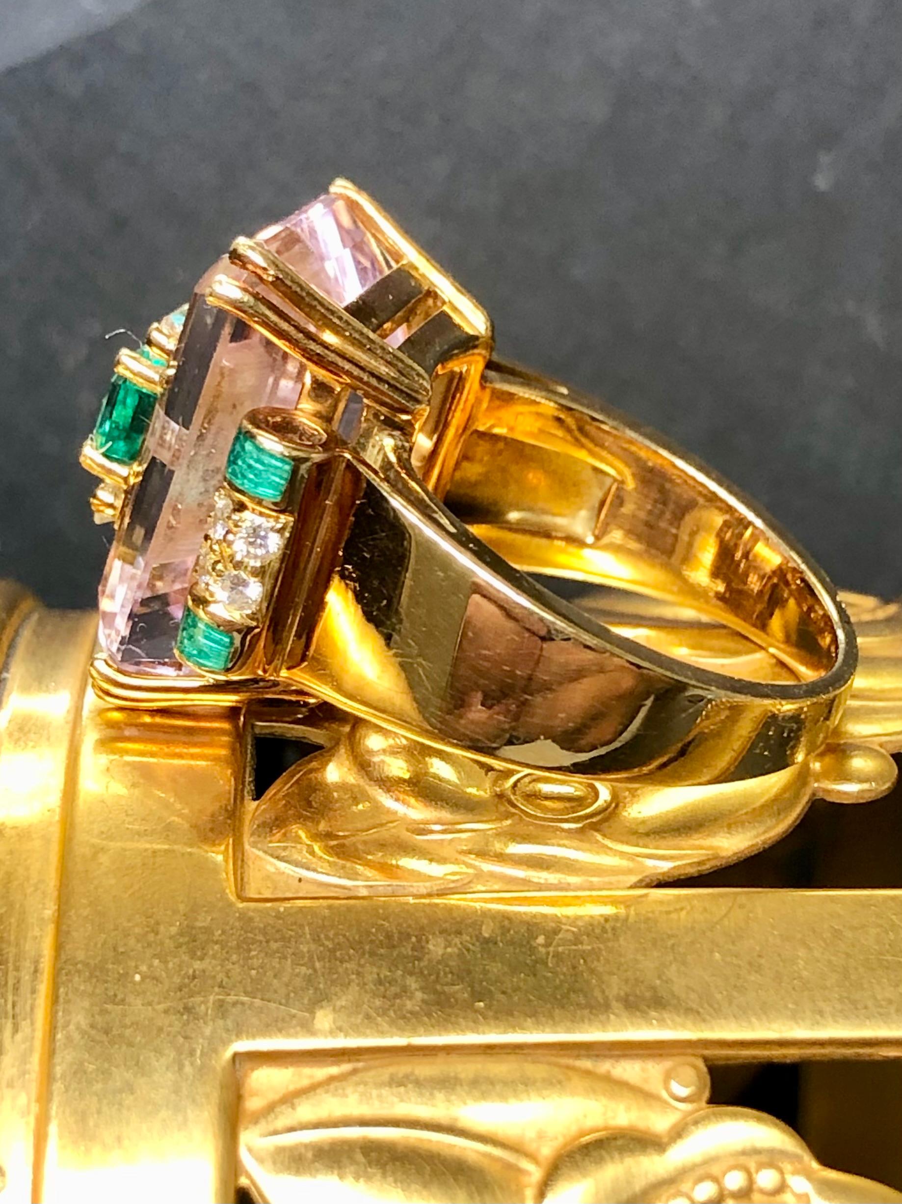Emerald Cut Estate 18K Pink Kunzite Emerald Diamond Green Enamel Inlay Cocktail Ring Sz7 For Sale