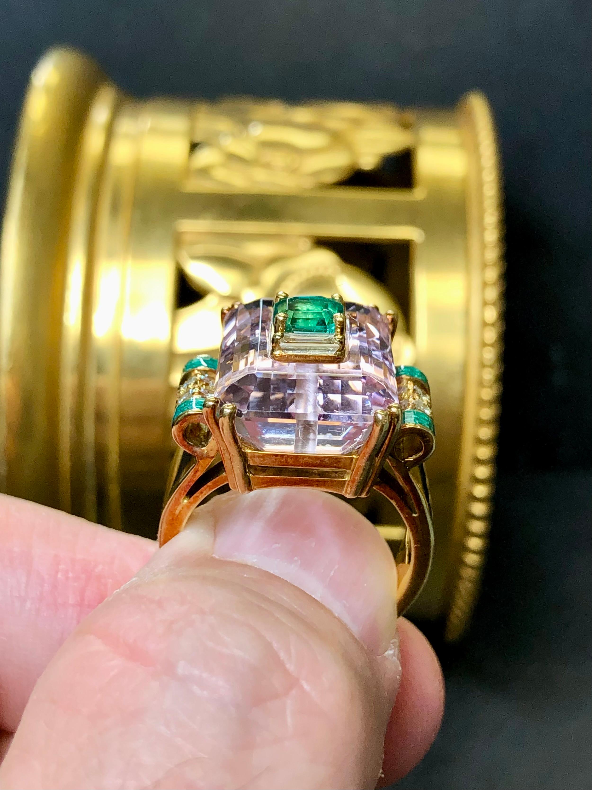 Estate 18K Pink Kunzite Emerald Diamond Green Enamel Inlay Cocktail Ring Sz7 For Sale 1