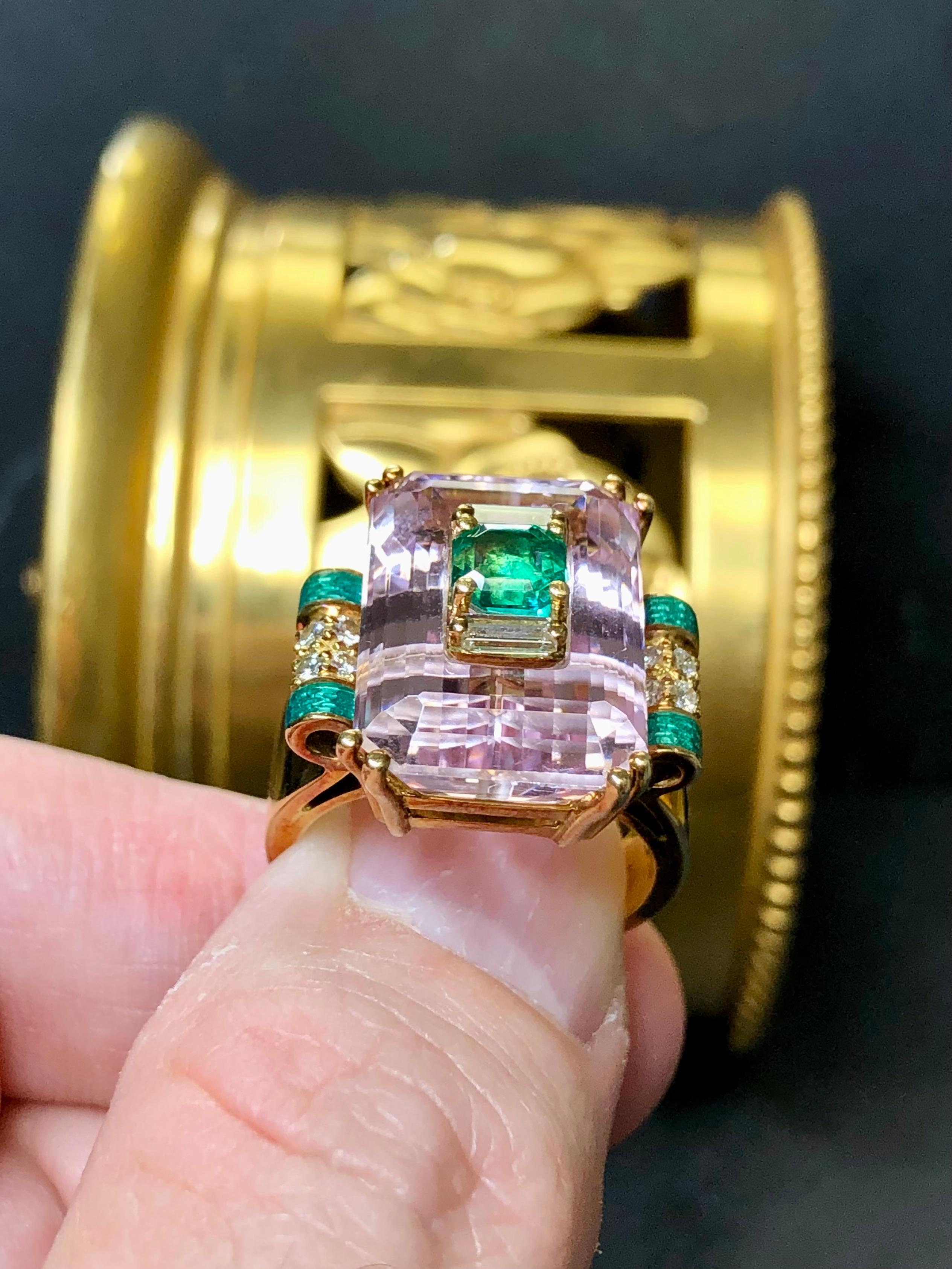 Estate 18K Pink Kunzite Emerald Diamond Green Enamel Inlay Cocktail Ring Sz7 For Sale 2