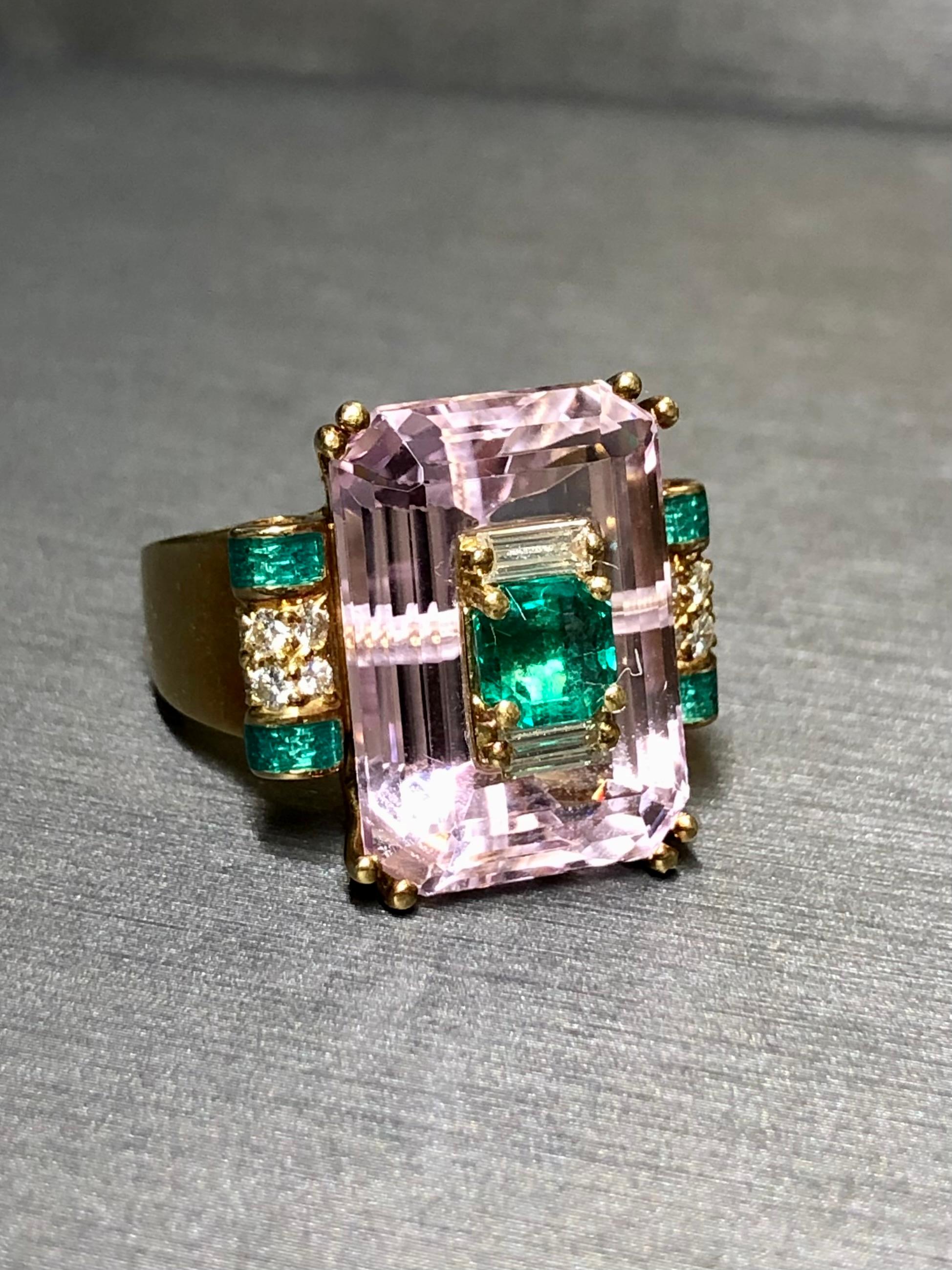 Estate 18K Pink Kunzite Emerald Diamond Green Enamel Inlay Cocktail Ring Sz7 For Sale 3