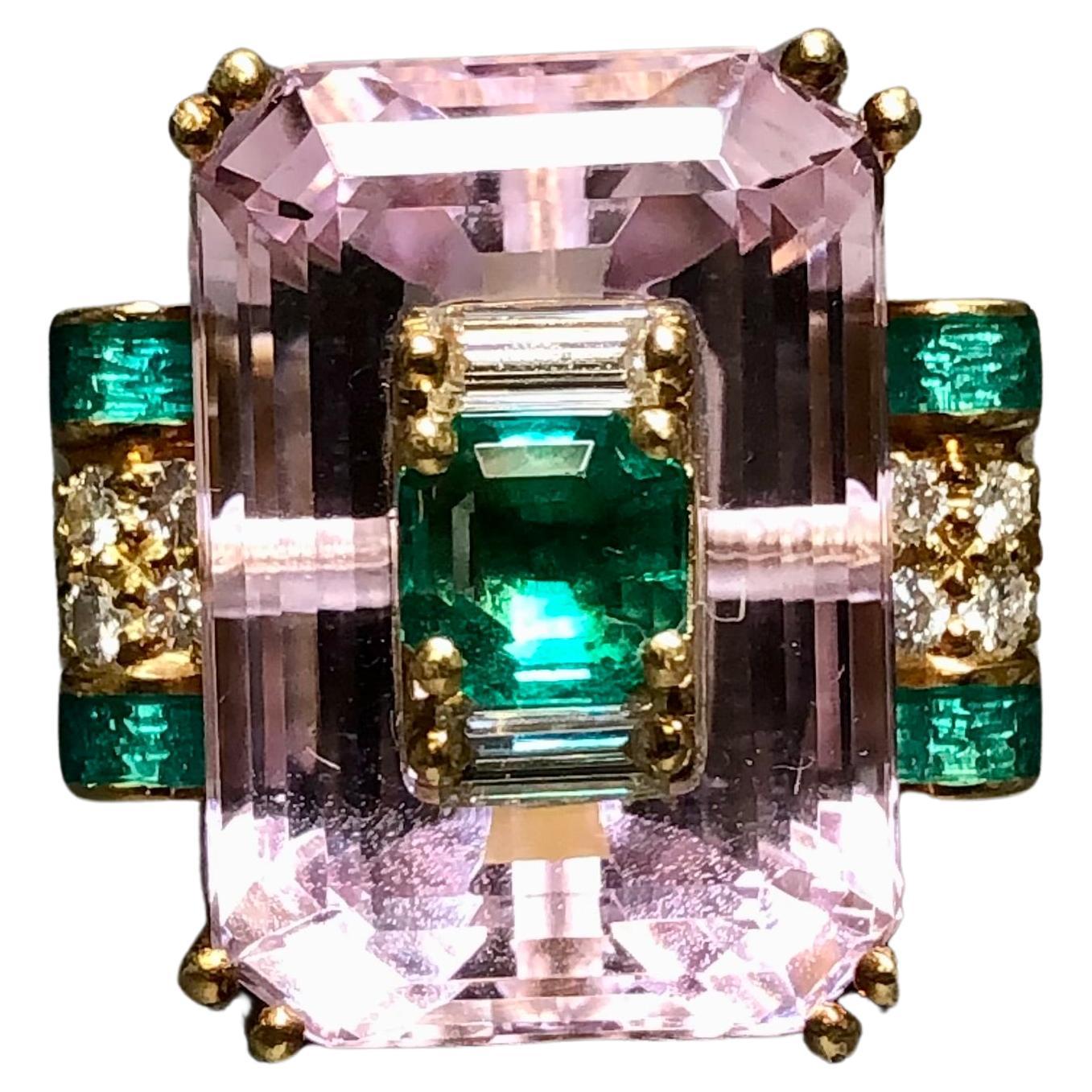 Estate 18K Pink Kunzite Emerald Diamond Green Enamel Inlay Cocktail Ring Sz7 For Sale