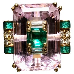 Vintage Estate 18K Pink Kunzite Emerald Diamond Green Enamel Inlay Cocktail Ring Sz7