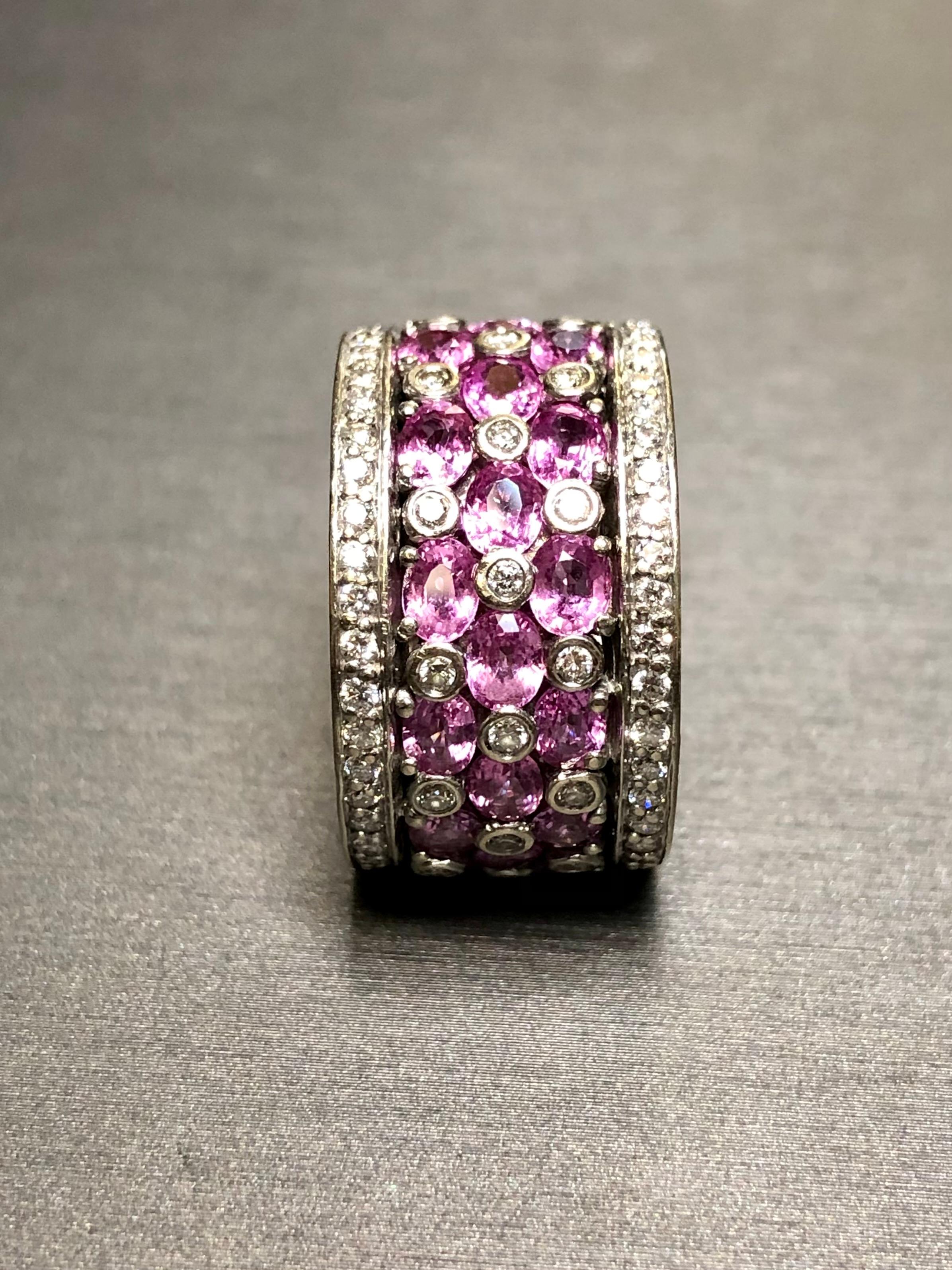 Contemporary Estate 18K Pink Sapphire Diamond Wide Band Cocktail Ring 10.86cttw Sz 6.25 For Sale