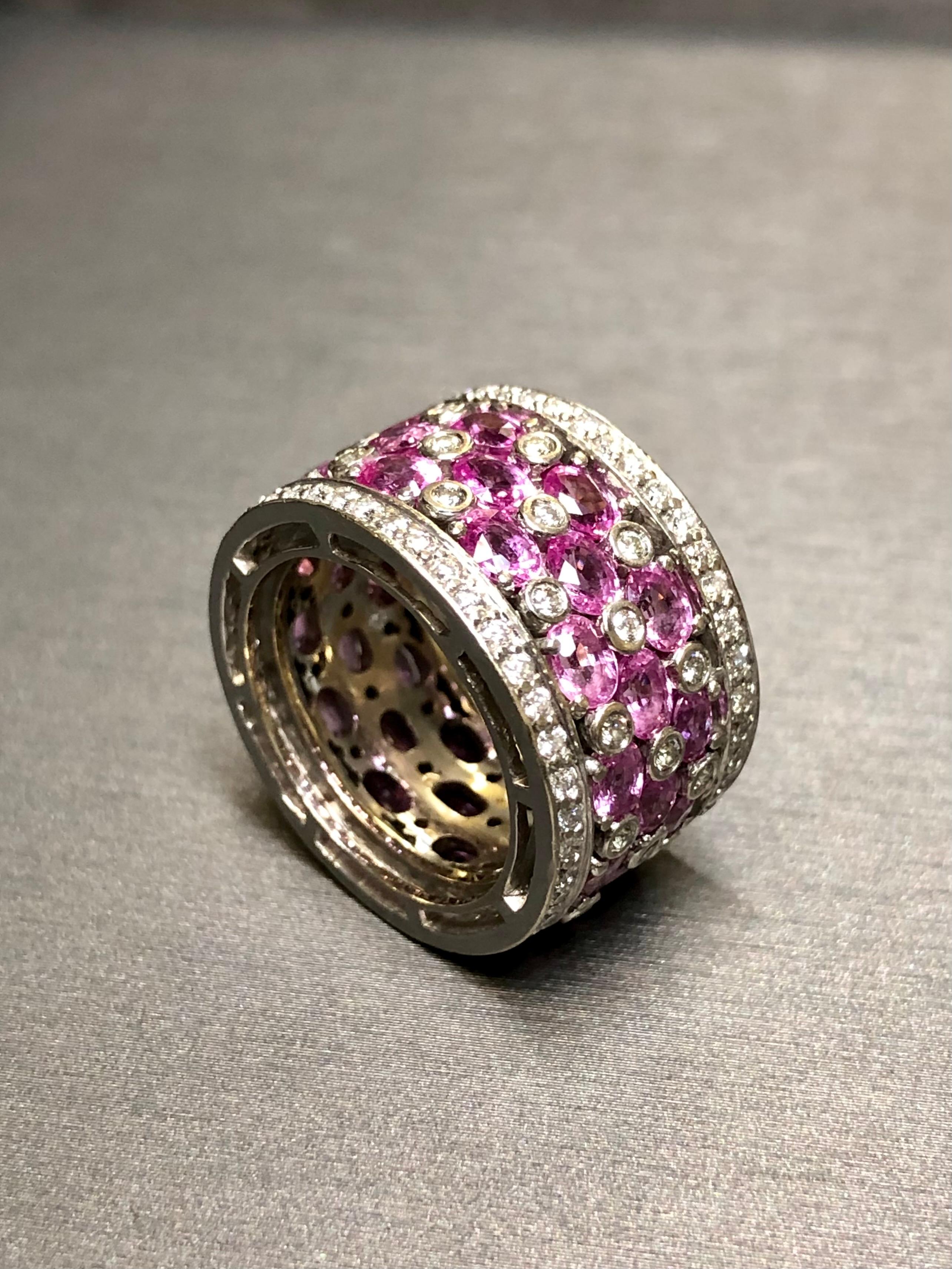Oval Cut Estate 18K Pink Sapphire Diamond Wide Band Cocktail Ring 10.86cttw Sz 6.25 For Sale