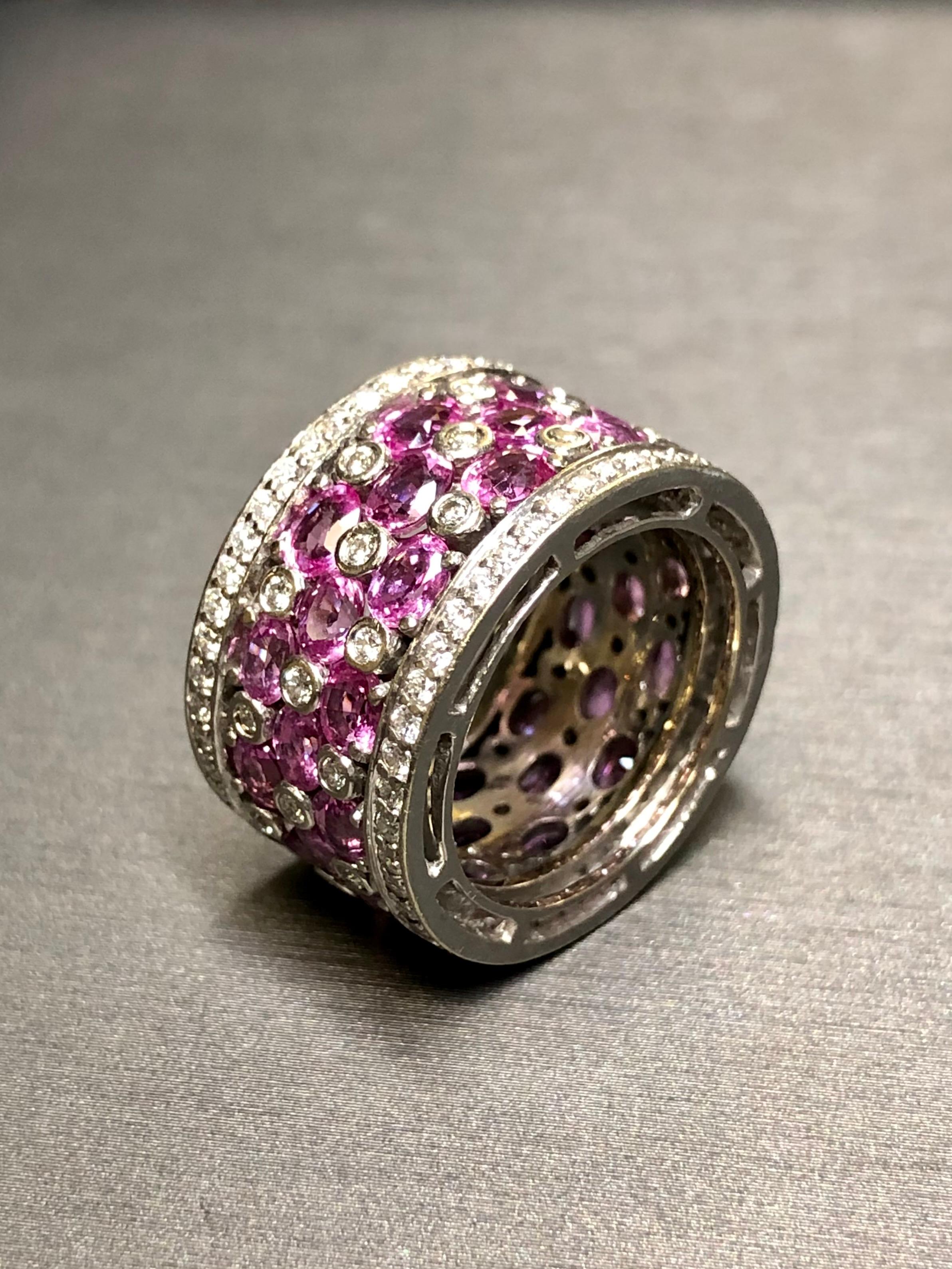Estate 18K Pink Sapphire Diamond Wide Band Cocktail Ring 10.86cttw Sz 6.25 In Good Condition For Sale In Winter Springs, FL