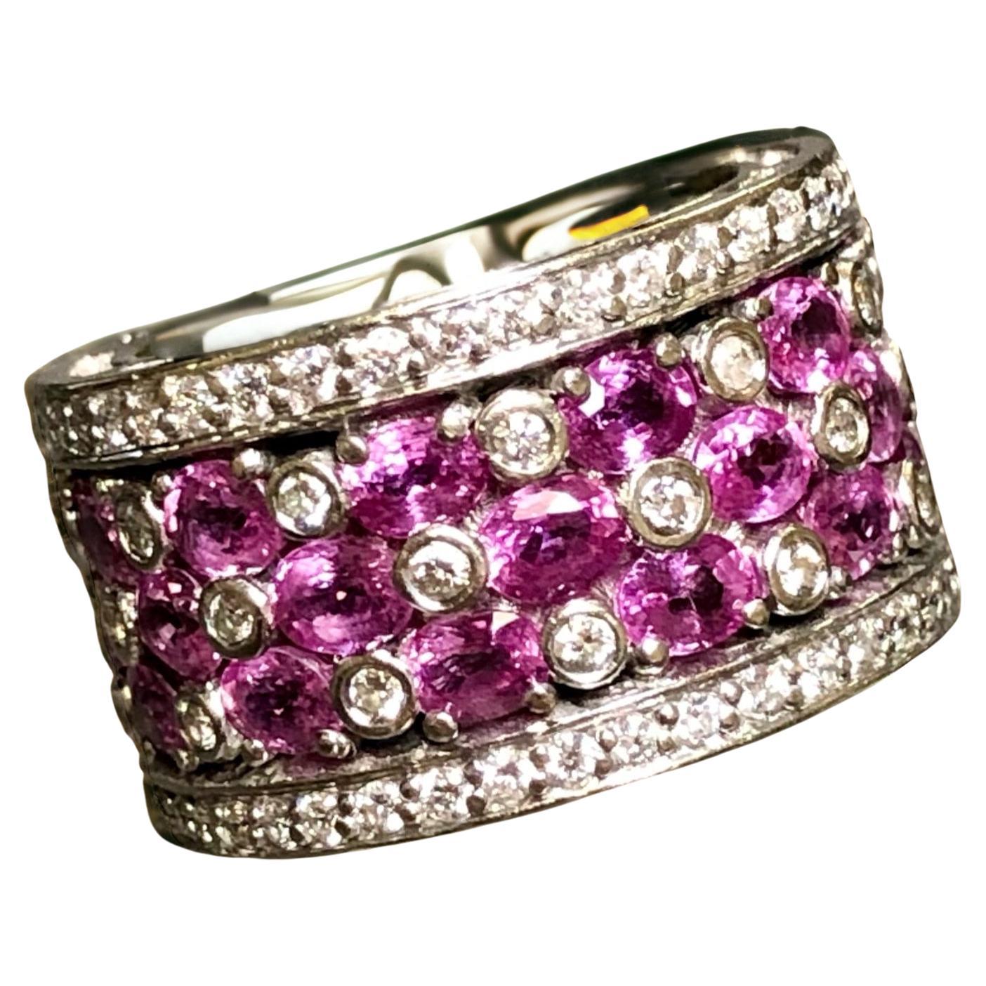 Estate 18K Pink Sapphire Diamond Wide Band Cocktail Ring 10.86cttw Sz 6.25 For Sale