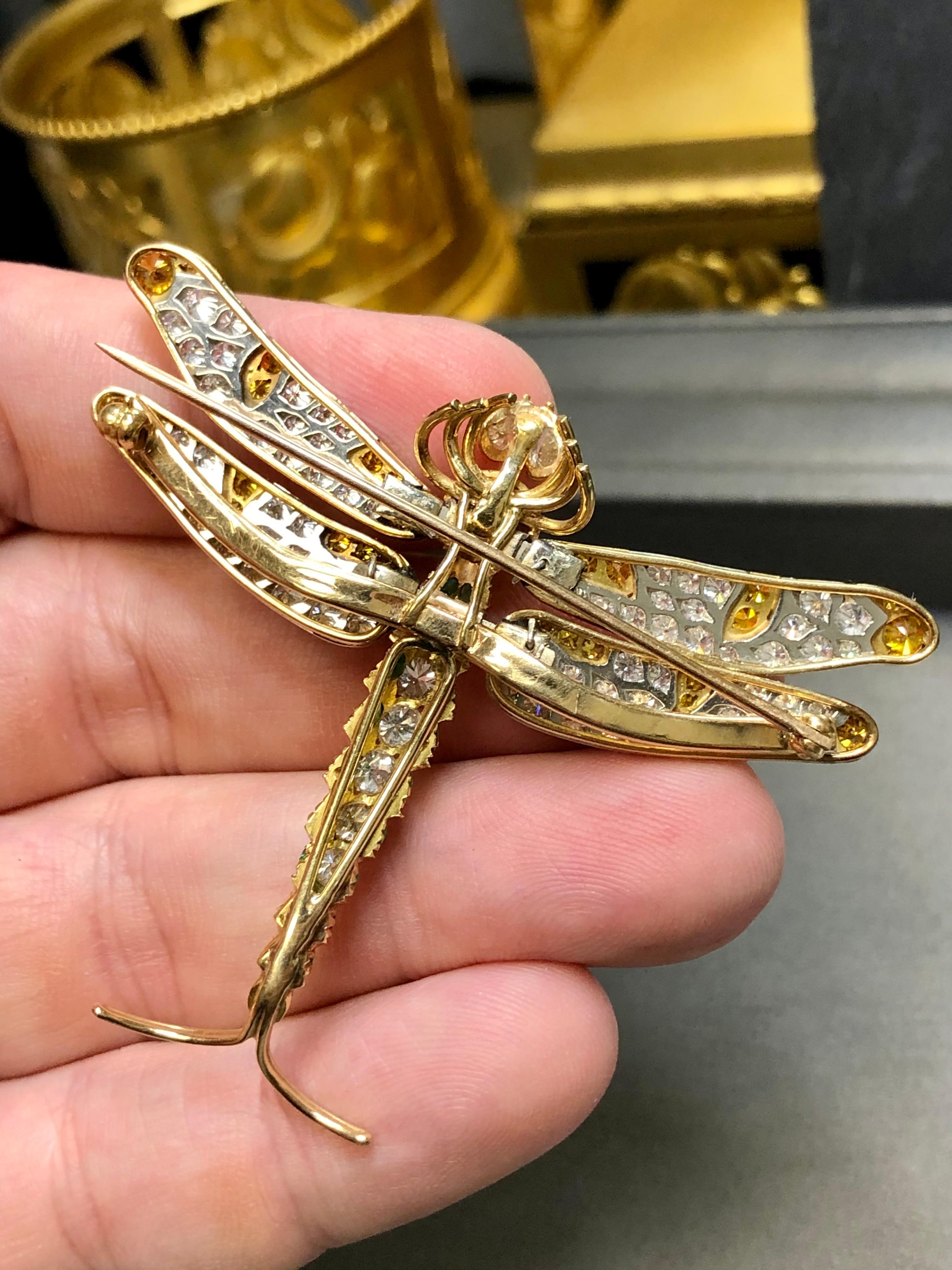 Estate 18K Platinum Articulating Orange White Diamond Emerald Dragonfly Brooch For Sale 3