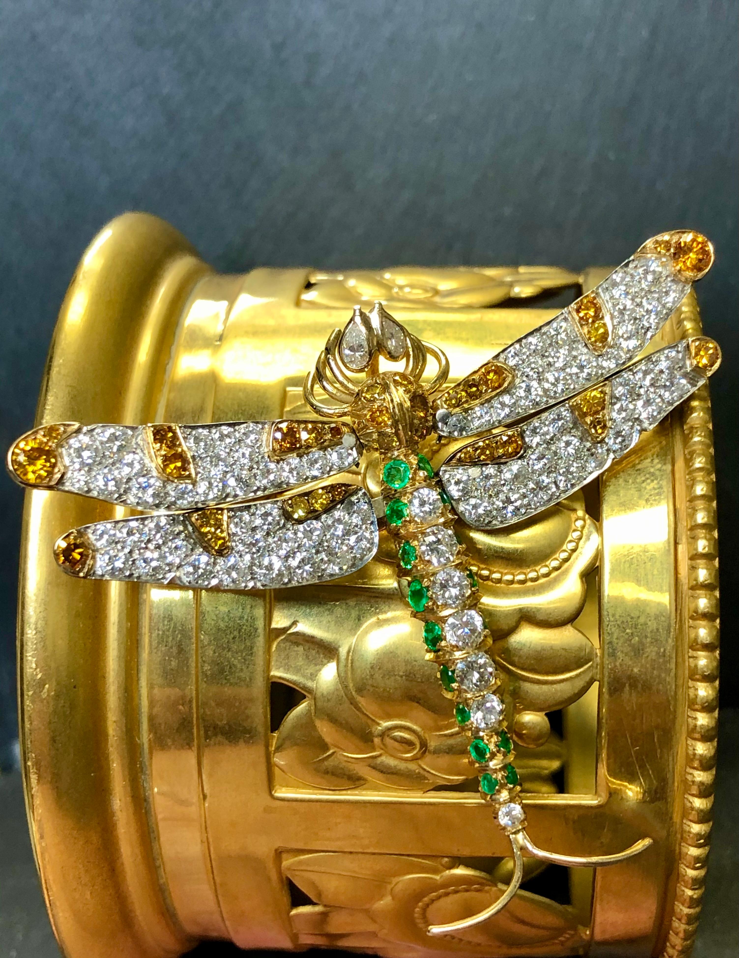 Estate 18K Platinum Articulating Orange White Diamond Emerald Dragonfly Brooch For Sale 4