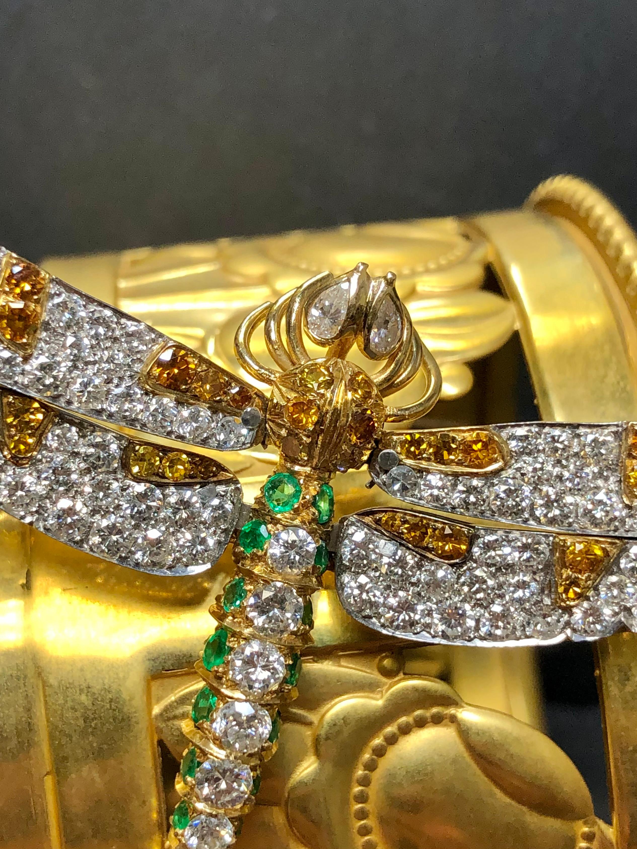 Contemporary Estate 18K Platinum Articulating Orange White Diamond Emerald Dragonfly Brooch For Sale