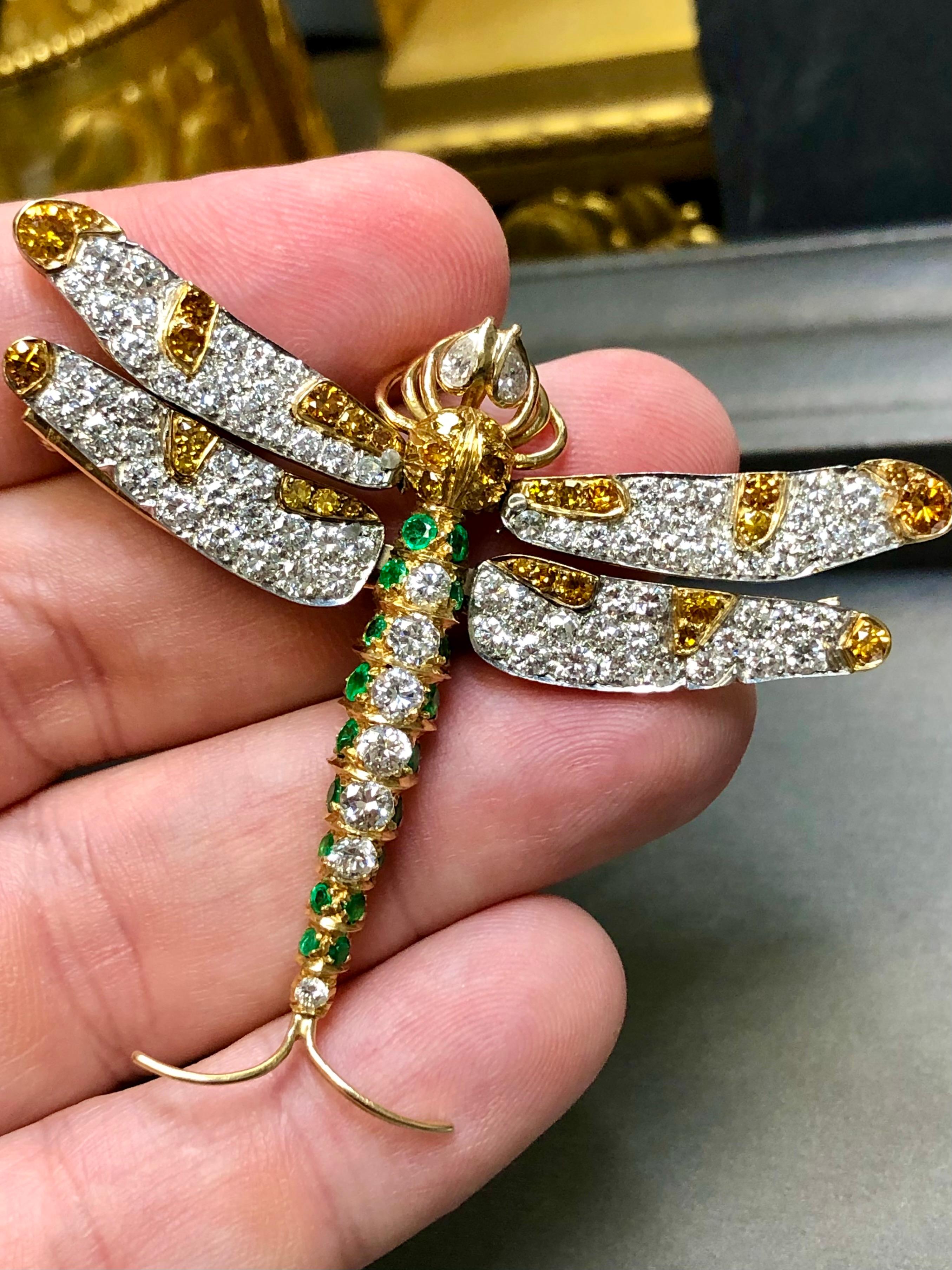 Estate 18K Platinum Articulating Orange White Diamond Emerald Dragonfly Brooch For Sale 1