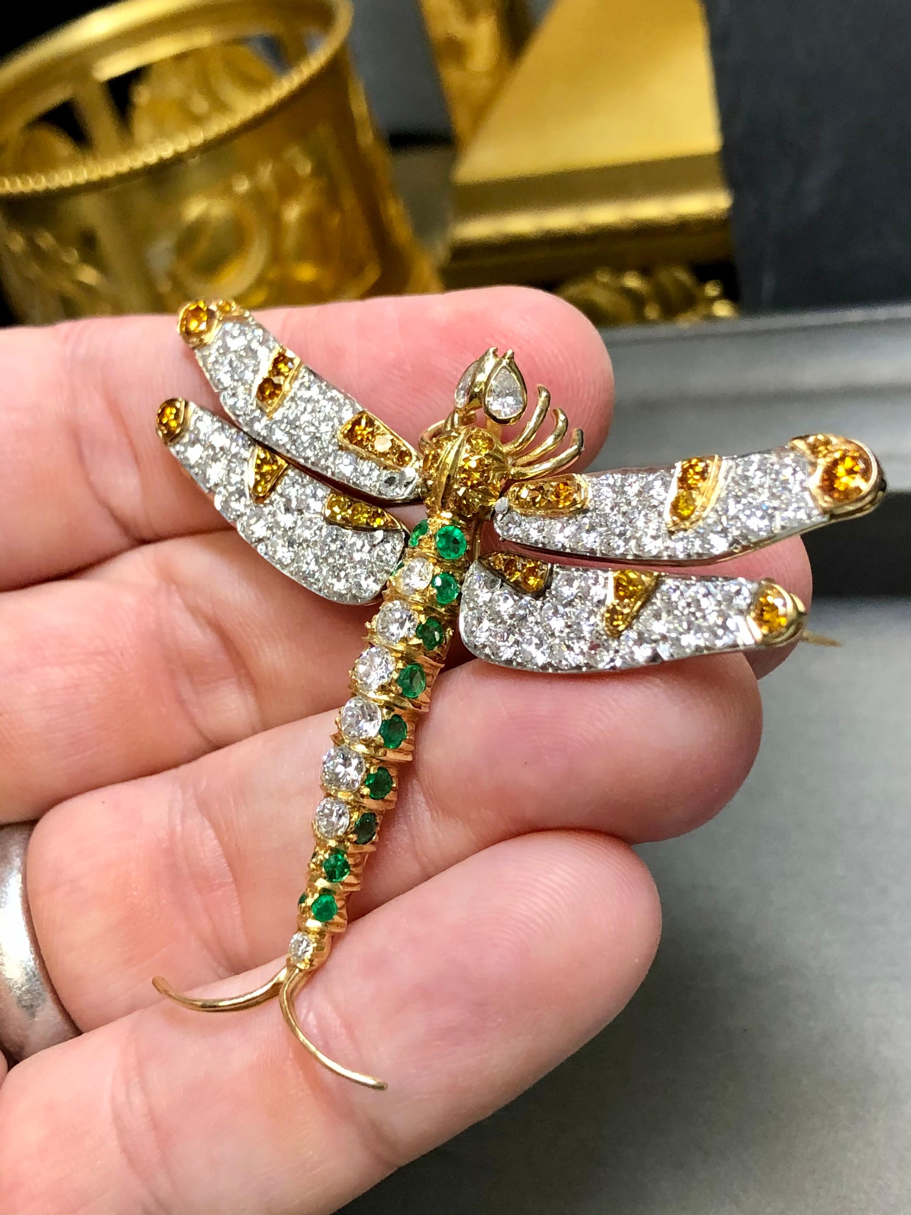 Estate 18K Platinum Articulating Orange White Diamond Emerald Dragonfly Brooch For Sale 2