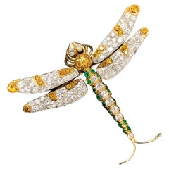 Estate 18K Platinum Articulating Orange White Diamond Emerald Dragonfly Brooch