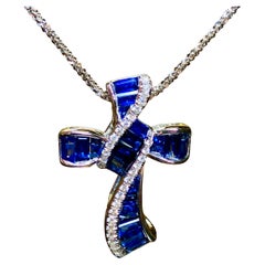 Estate 18K Platinum Diamond Baguette Sapphire Cross Pendant Necklace 3.31cttw