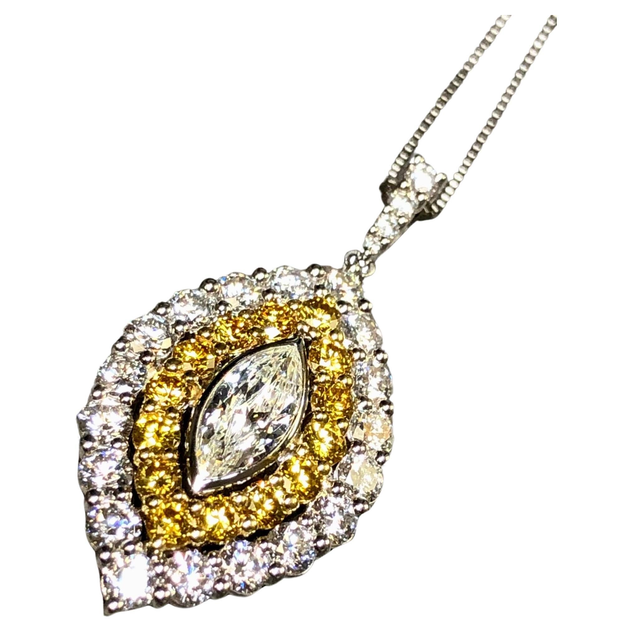 Estate 18K Platinum Fancy Yellow Diamond Marquise Pendant Necklace 3.37cttw G Vs