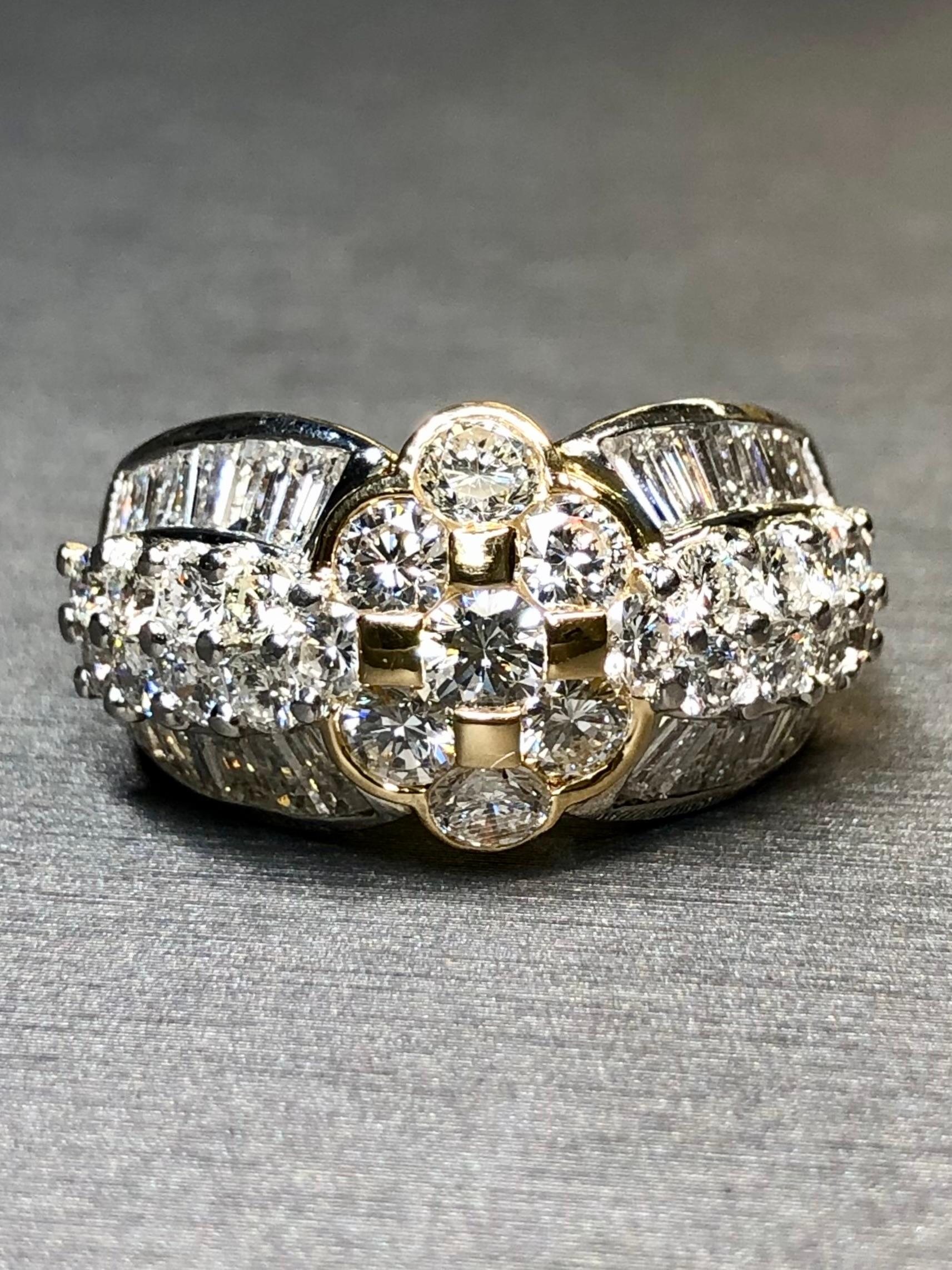 Round Cut Estate 18K Platinum Round Channel Baguette Diamond Cluster Cocktail Ring 3.95ctw For Sale