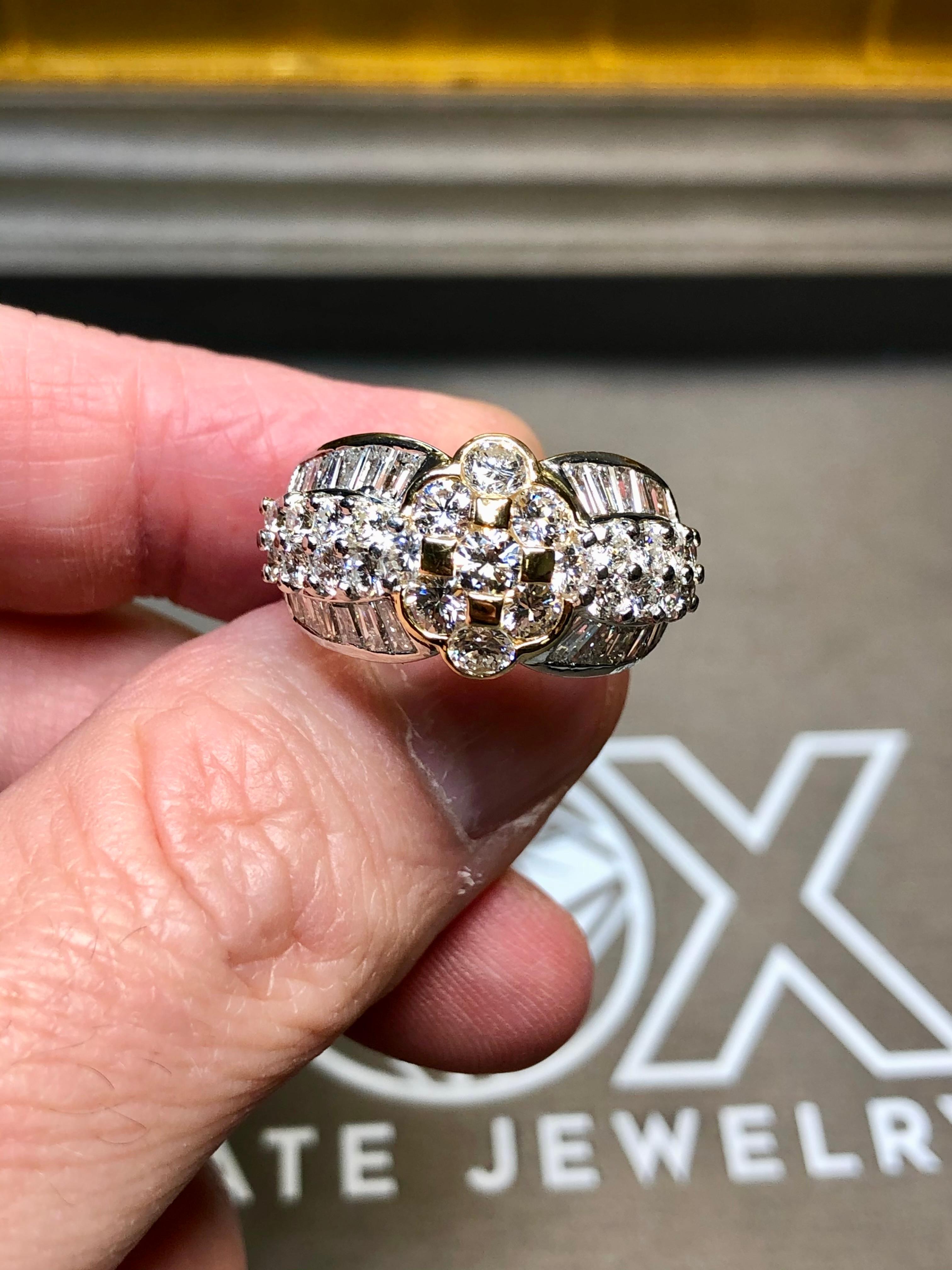 Estate 18K Platinum Round Channel Baguette Diamond Cluster Cocktail Ring 3.95ctw In Good Condition For Sale In Winter Springs, FL