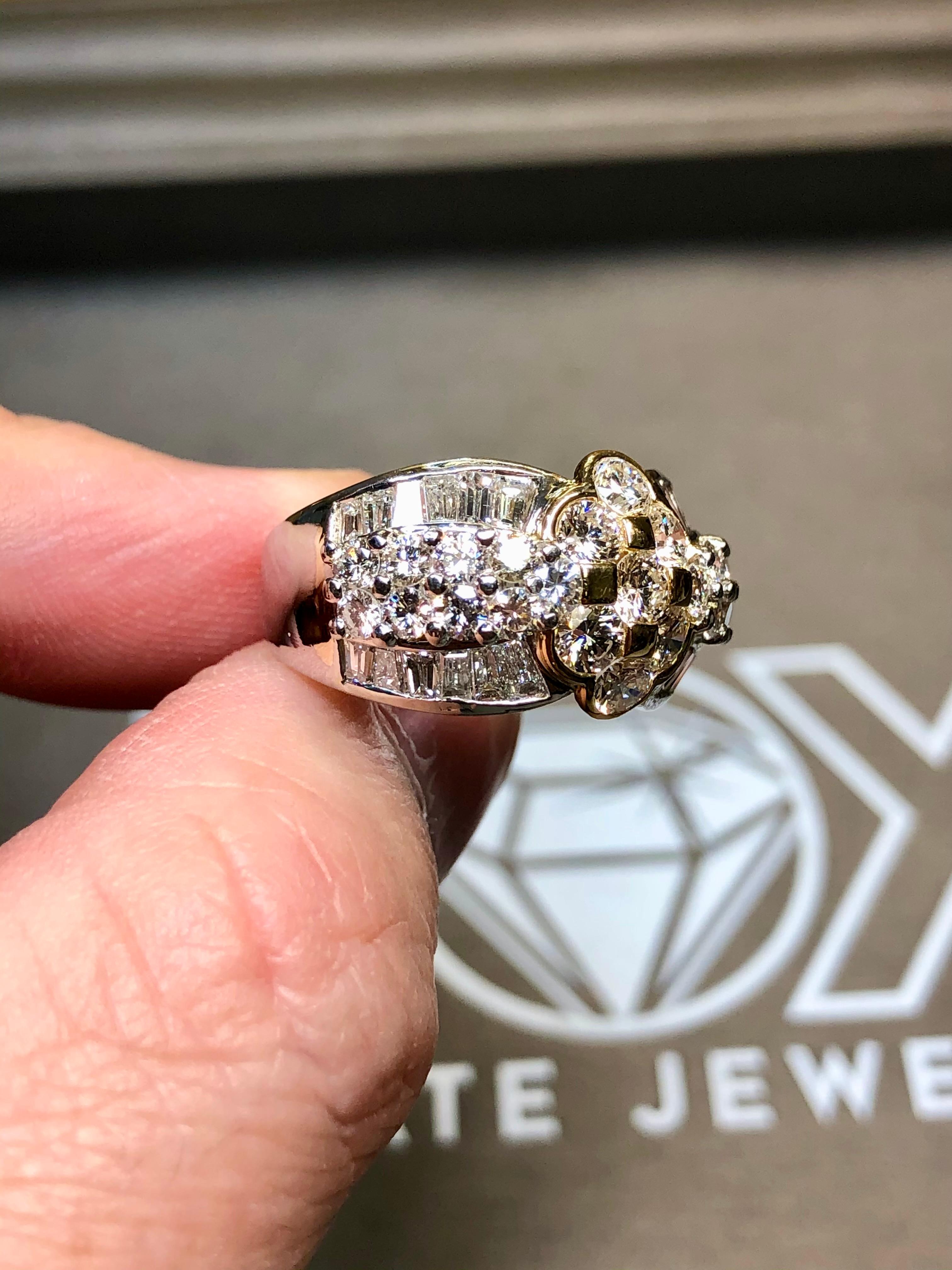 Women's or Men's Estate 18K Platinum Round Channel Baguette Diamond Cluster Cocktail Ring 3.95ctw For Sale