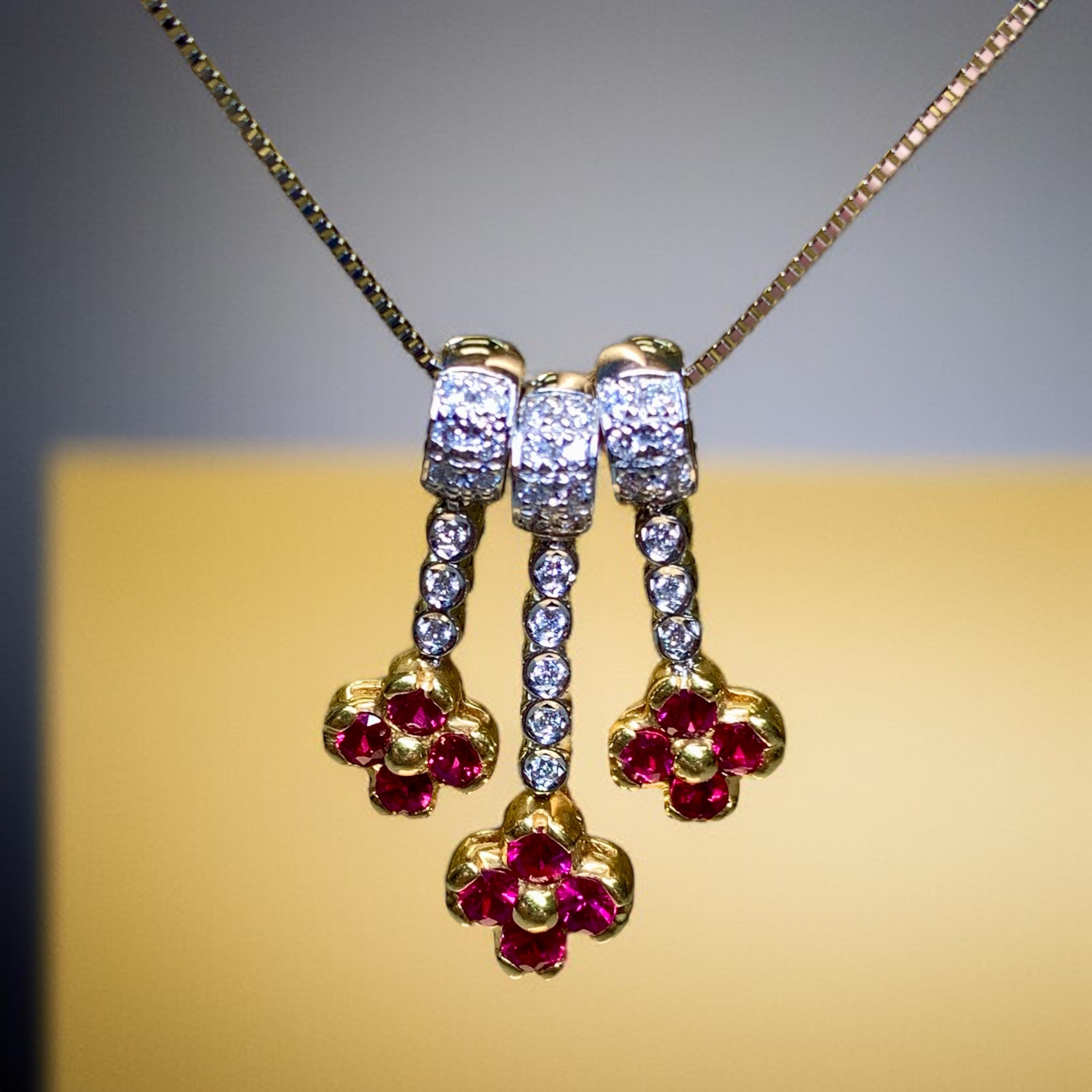 Estate Collier pendentif en platine 18K triple section rubis diamant 1.66ctw 17.50 Unisexe en vente