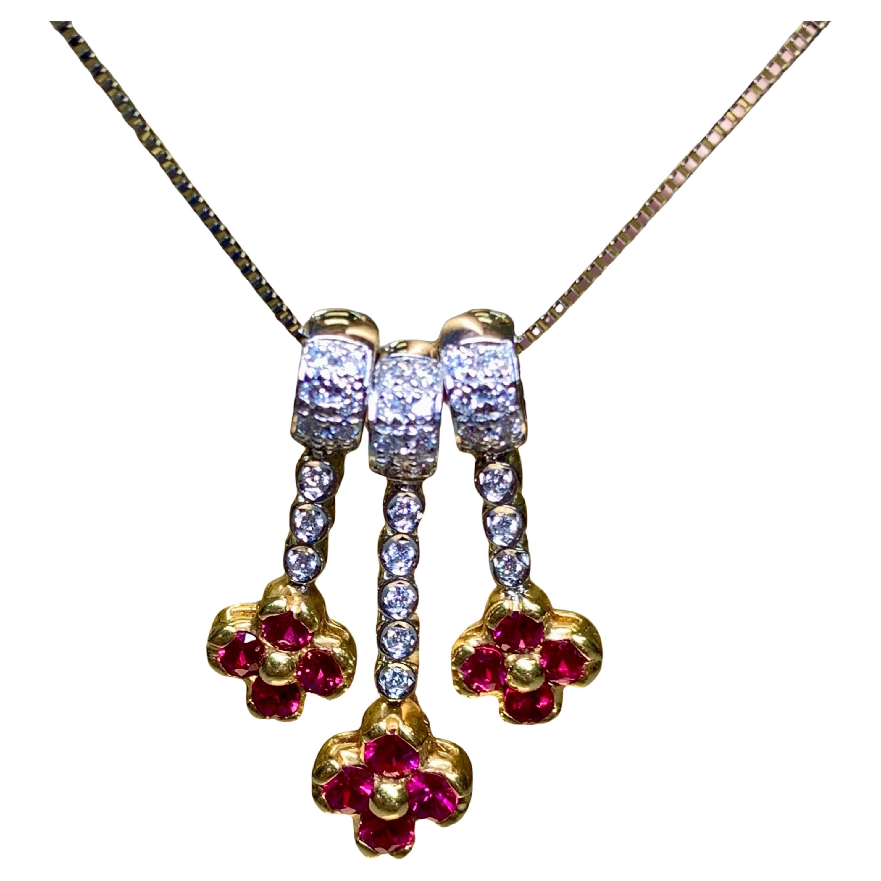 Estate 18K Platinum Triple Section Ruby Diamond Pendant Necklace 1.66ctw 17.50”