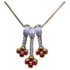 Estate 18K Platino Triple Sección Rubí Diamante Colgante Collar 1.66ctw 17.50"