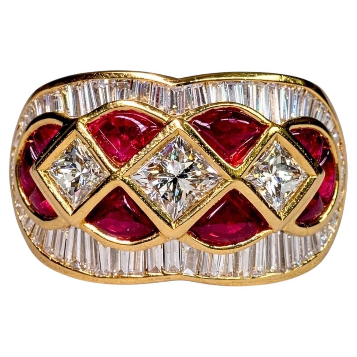 Estate 18K Princess Baguette Diamond Bufftop Ruby Wide Cocktail Ring 7.60ctw