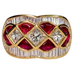 Estate 18K Princess Baguette Diamond Bufftop Ruby Wide Cocktail Ring 7.60ctw