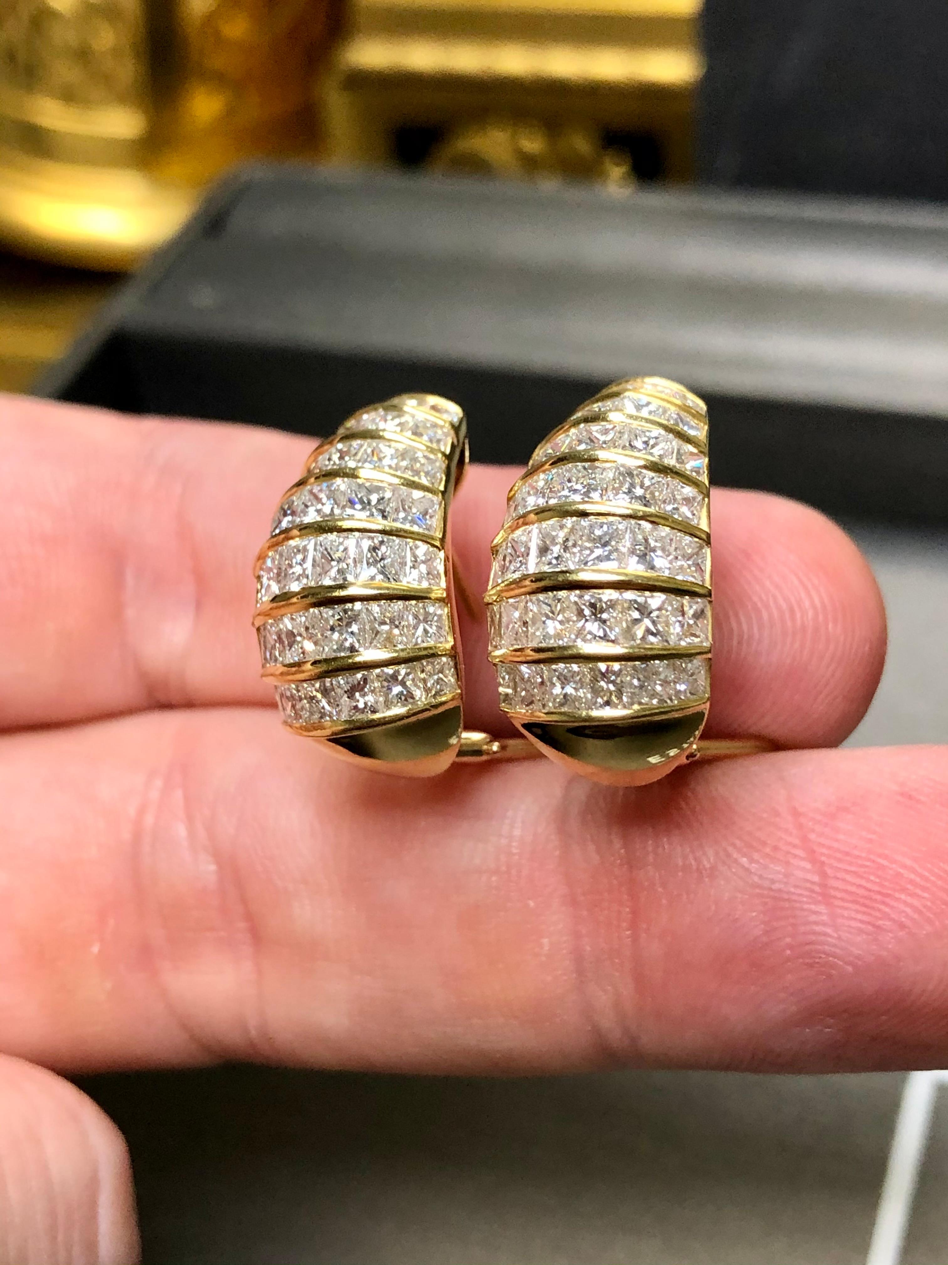 Estate 18K Princess Cut Diamond Omega Back Huggie Earrings 7cttw G Vs For Sale 5