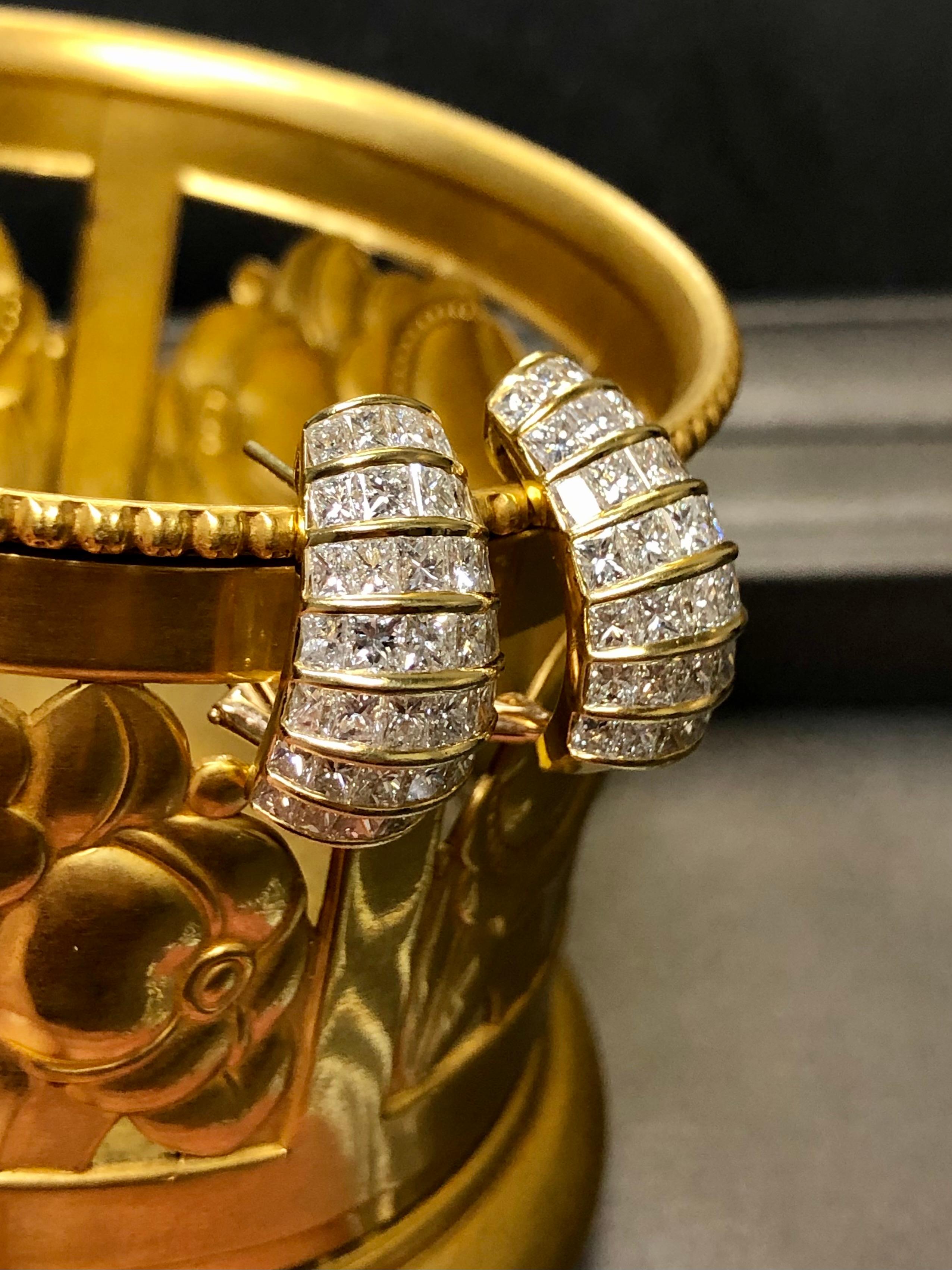 Contemporary Estate 18K Princess Cut Diamond Omega Back Huggie Earrings 7cttw G Vs For Sale