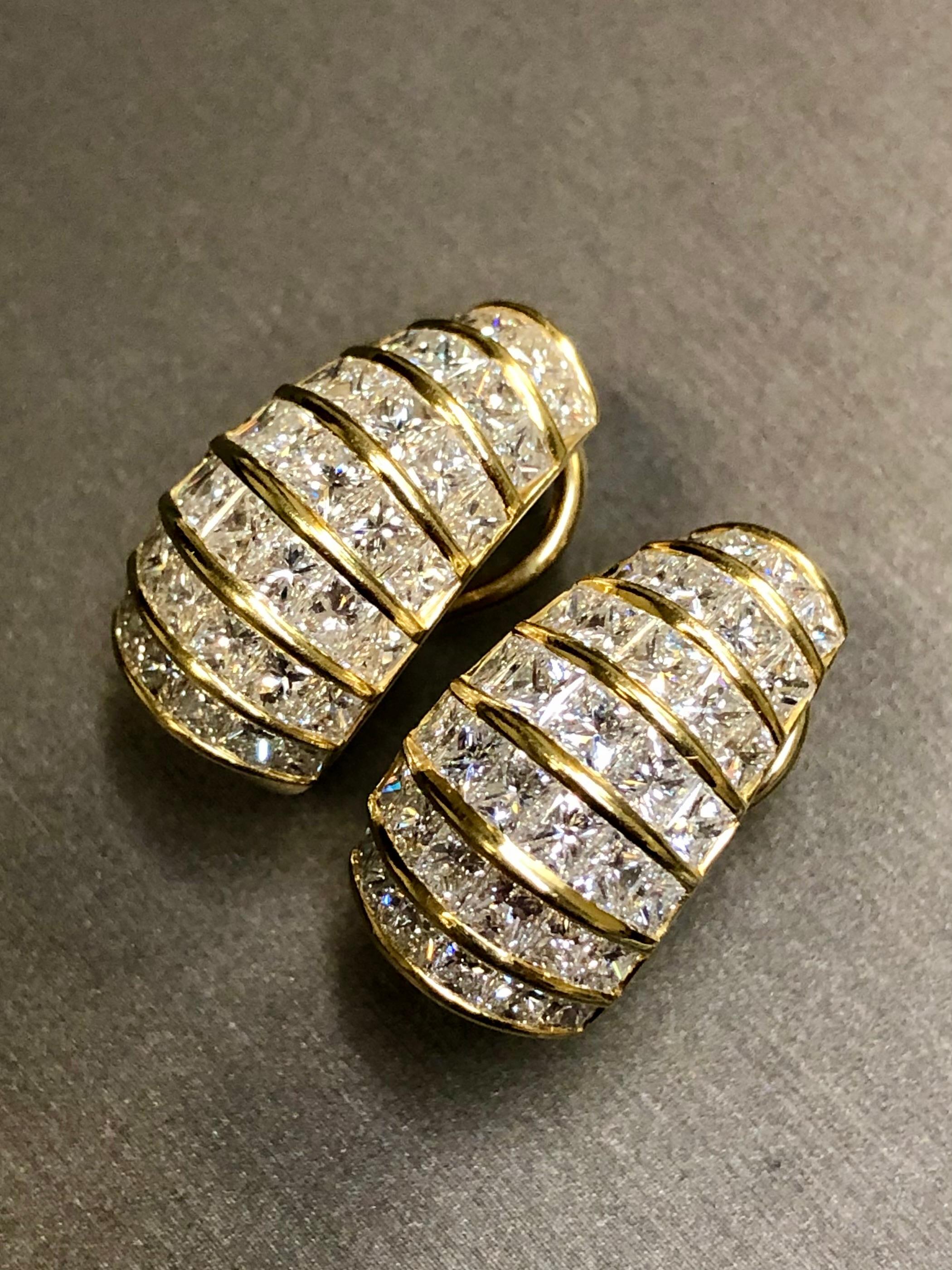 Women's or Men's Estate 18K Princess Cut Diamond Omega Back Huggie Earrings 7cttw G Vs For Sale