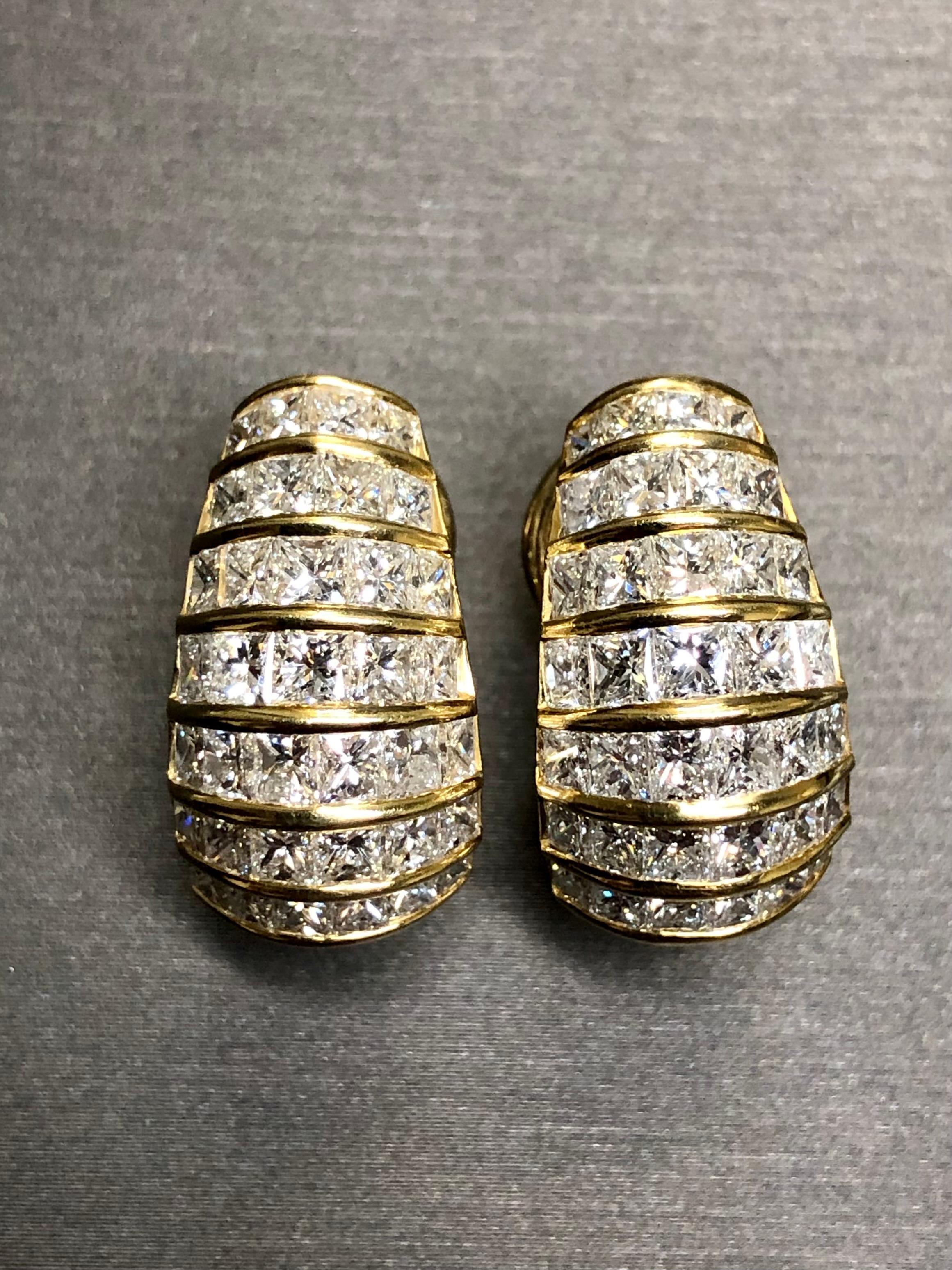 Estate 18K Princess Cut Diamond Omega Back Huggie Earrings 7cttw G Vs For Sale 2