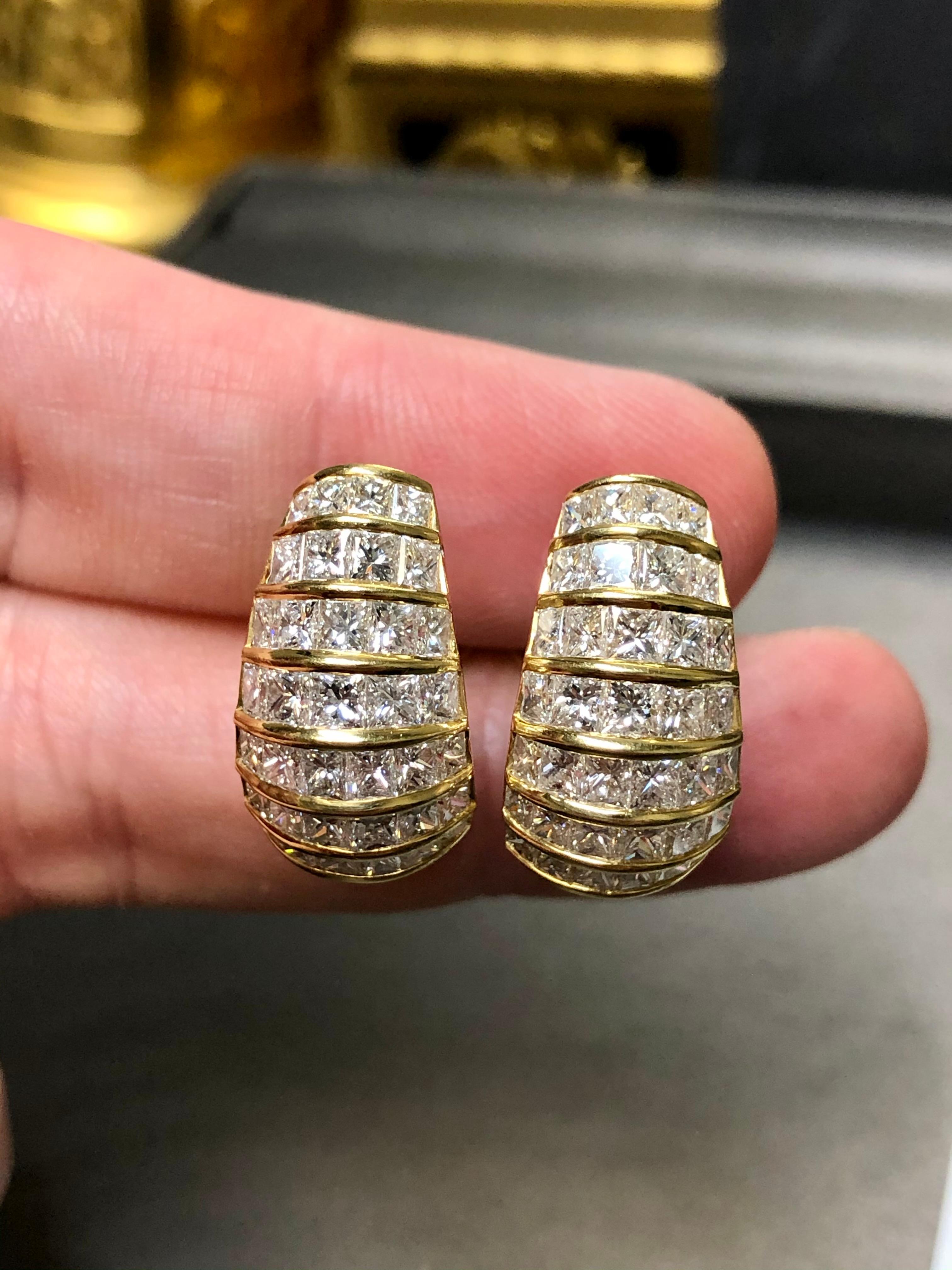 Estate 18K Princess Cut Diamond Omega Back Huggie Earrings 7cttw G Vs For Sale 3