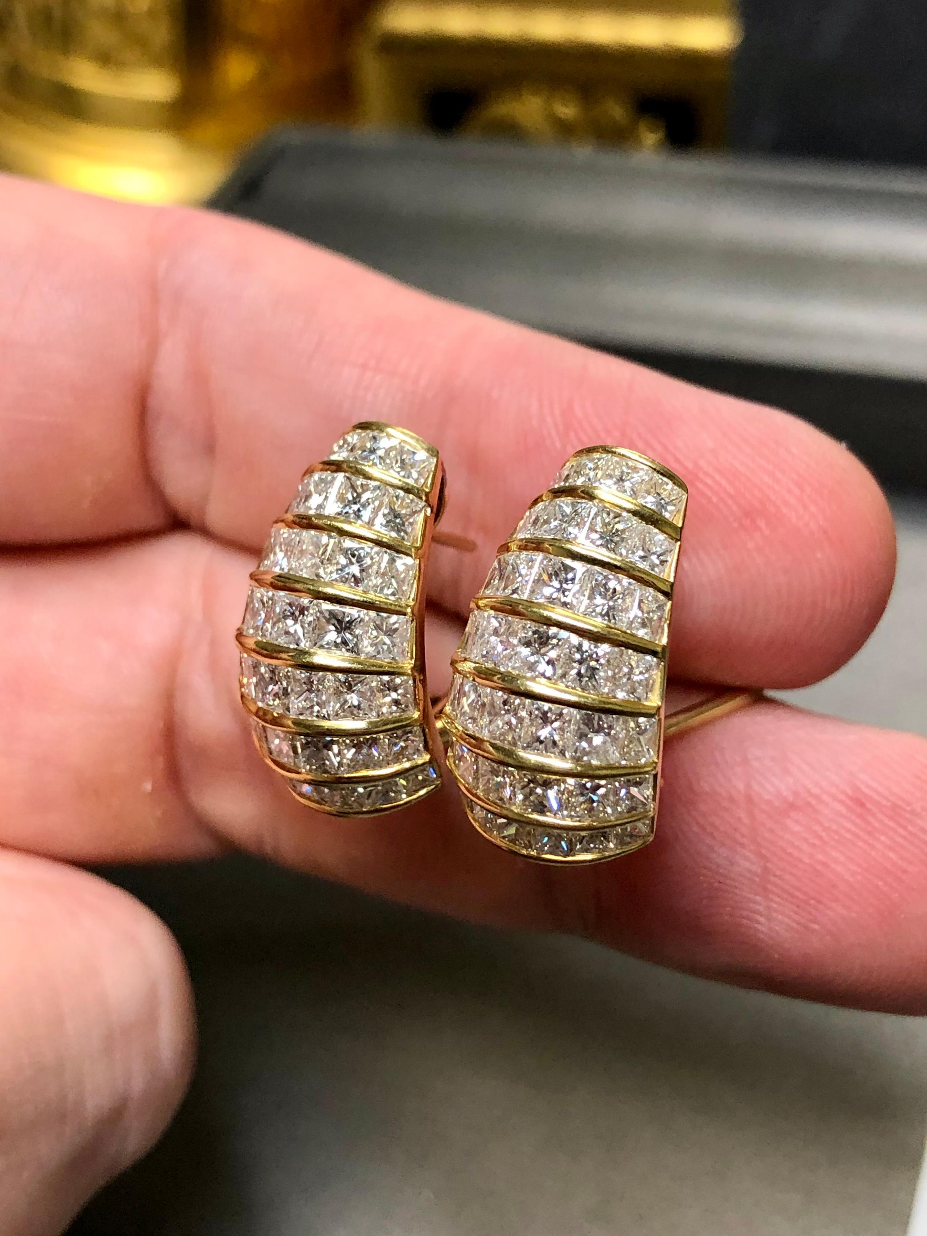 Estate 18K Princess Cut Diamond Omega Back Huggie Earrings 7cttw G Vs For Sale 4