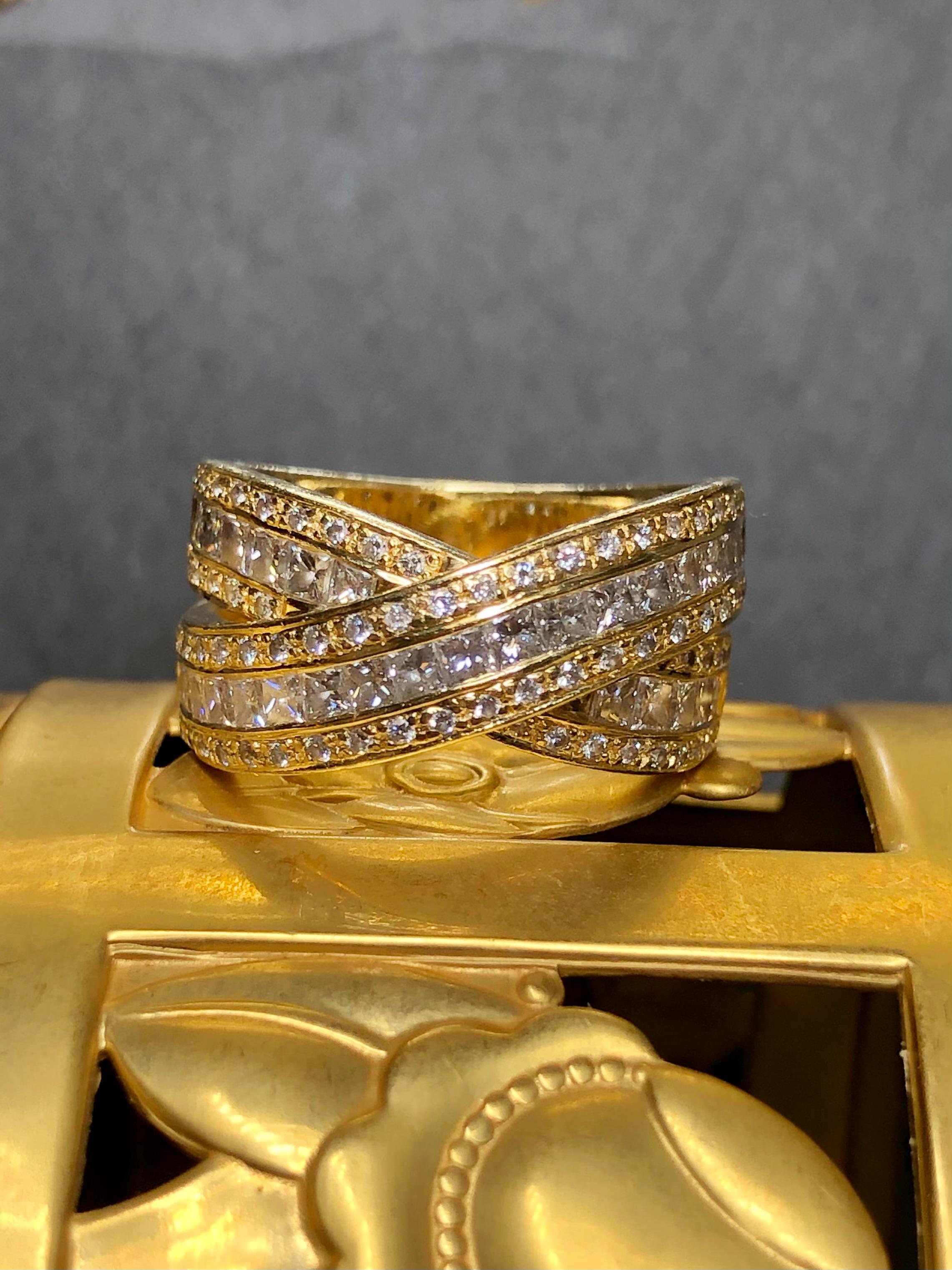 Women's or Men's Estate 18K Princess Round Diamond Bypass X Crossover Cocktail Ring 2.56cttw Sz 8 For Sale
