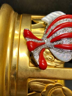 Nachlass 18K Diamant Rot Emaille Perlmutt Pave Fisch Anhänger Halskette