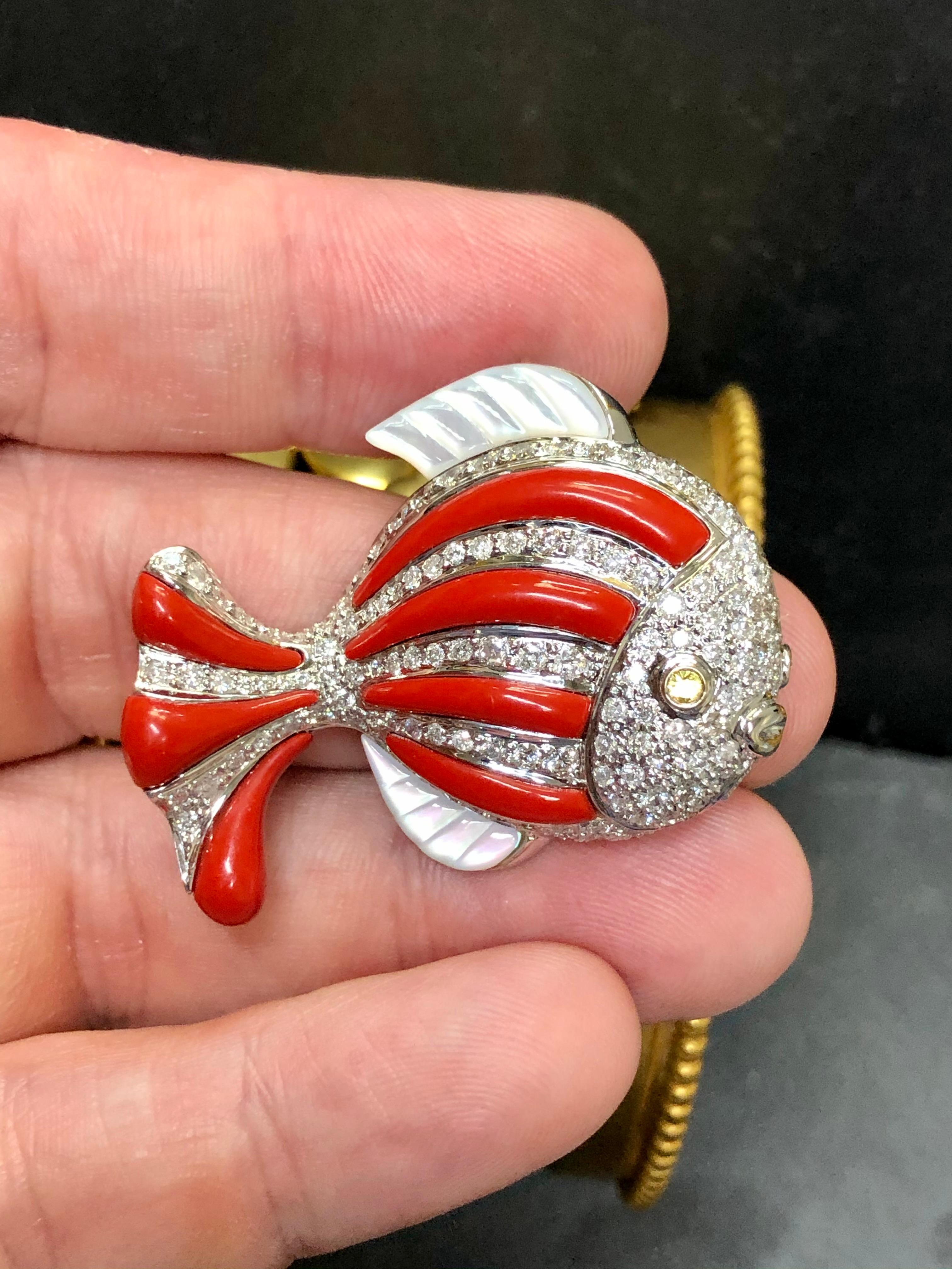 Round Cut Estate 18k Red Coral Mother of Pearl Diamond Fish Nautical Pendant Necklace For Sale