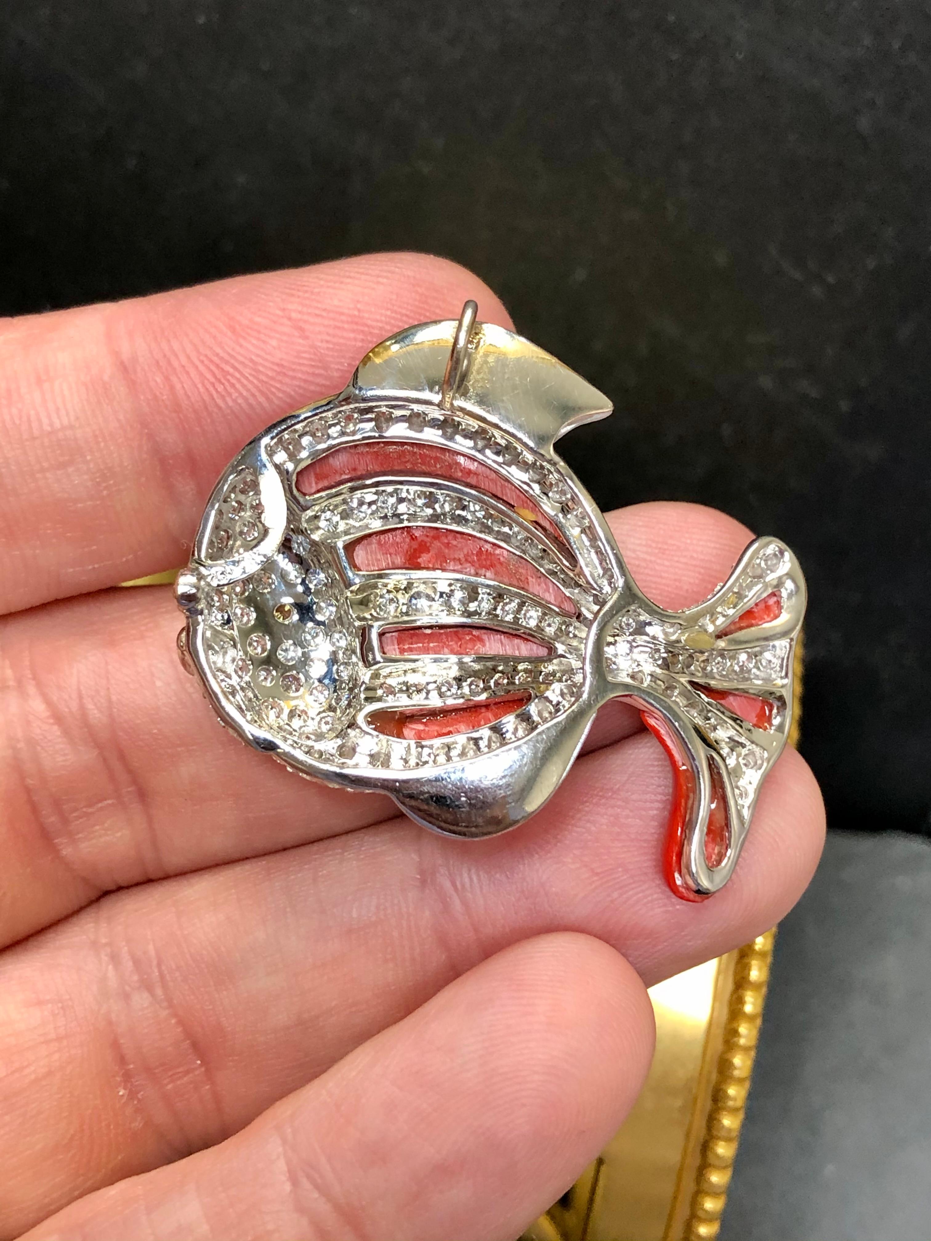 Estate 18K Diamond Red Enamel Mother of Pearl Pave Fish Pendant Necklace In Good Condition For Sale In Winter Springs, FL