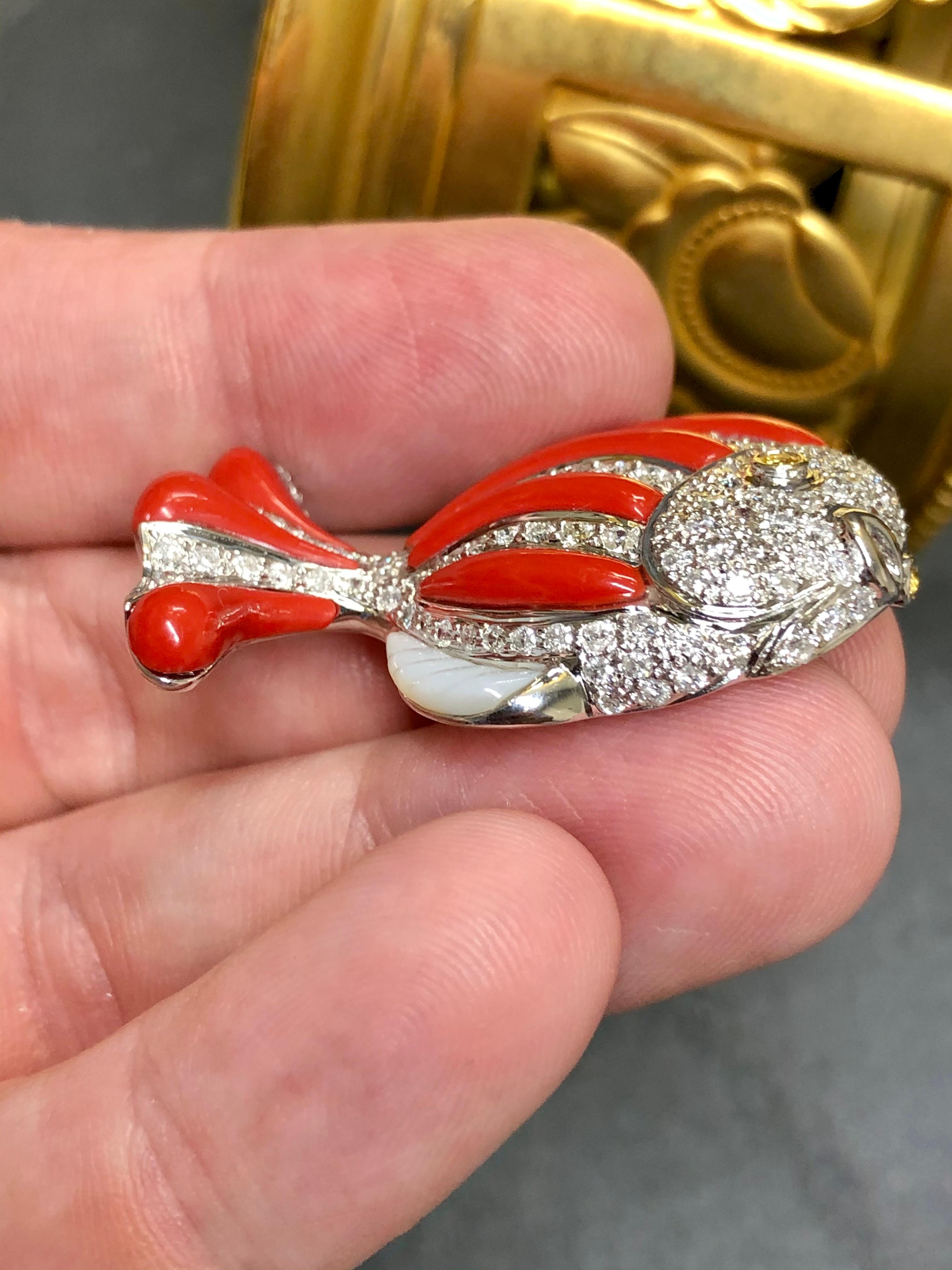 Women's or Men's Estate 18k Red Coral Mother of Pearl Diamond Fish Nautical Pendant Necklace For Sale